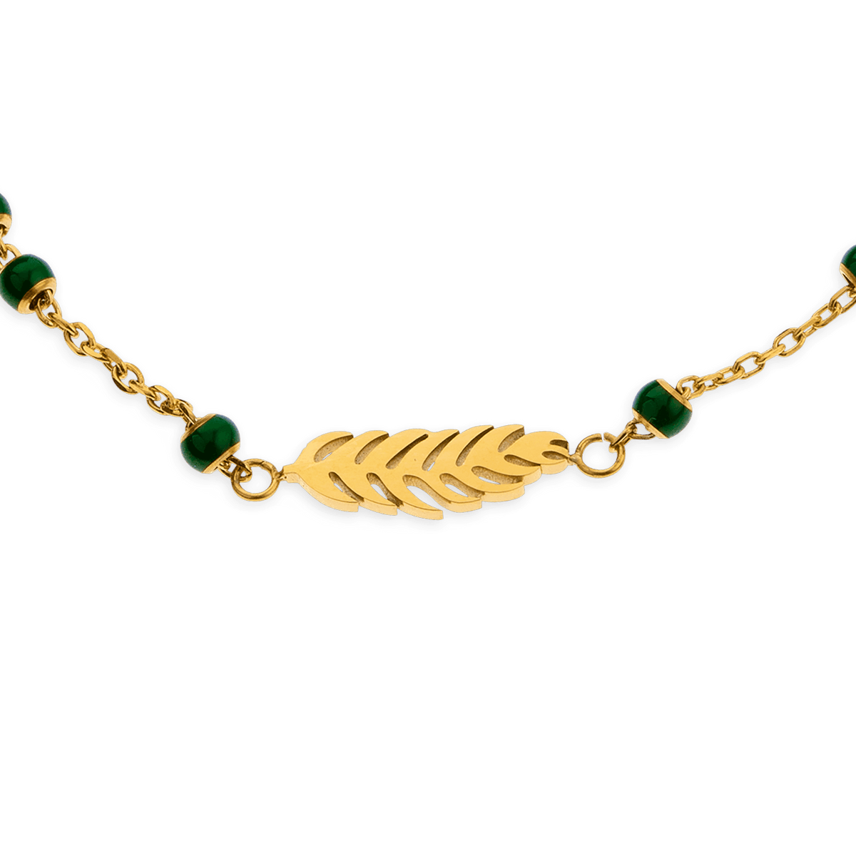 Bracelet Acier Jaune Chaîne 1.5mm 17 à 20cm Boules 3mm Email Vert Feuille 4.5*14mm