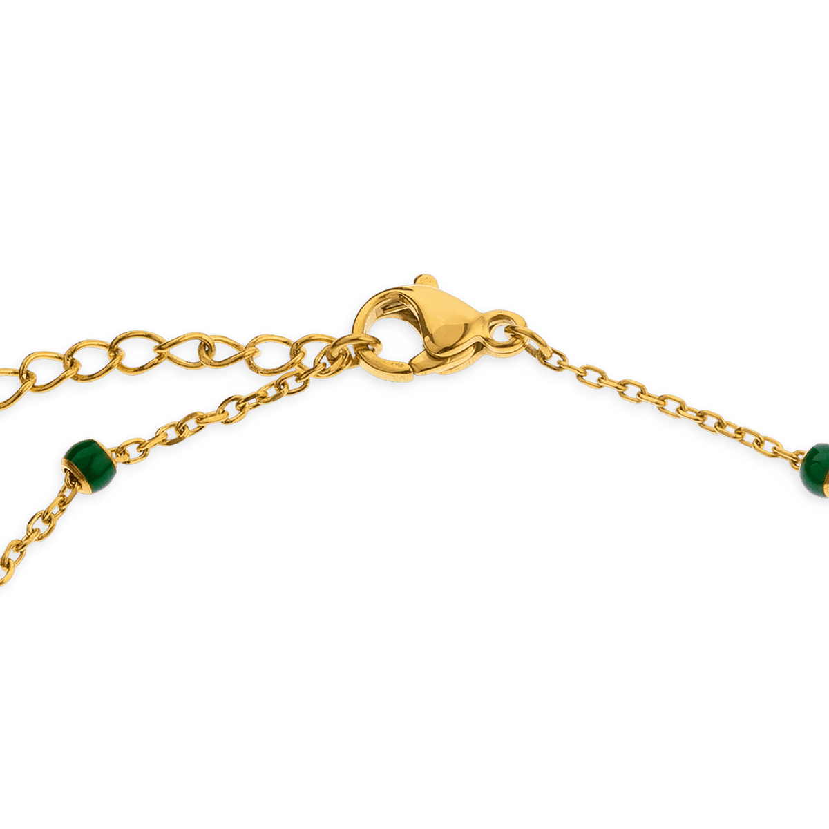 Bracelet Acier Jaune Chaîne 1.5mm 17 à 20cm Boules 3mm Email Vert Feuille 4.5*14mm