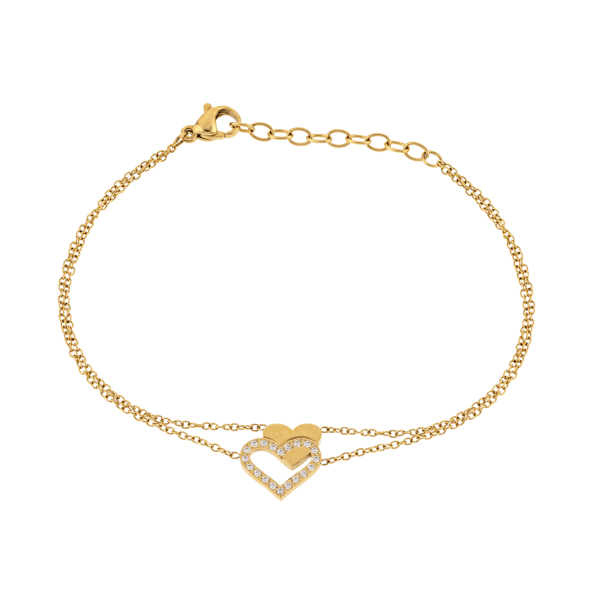 Bracelet Double Rangs Acier Jaune Cœurs Zirconium 12*12mm 18 à 21cm