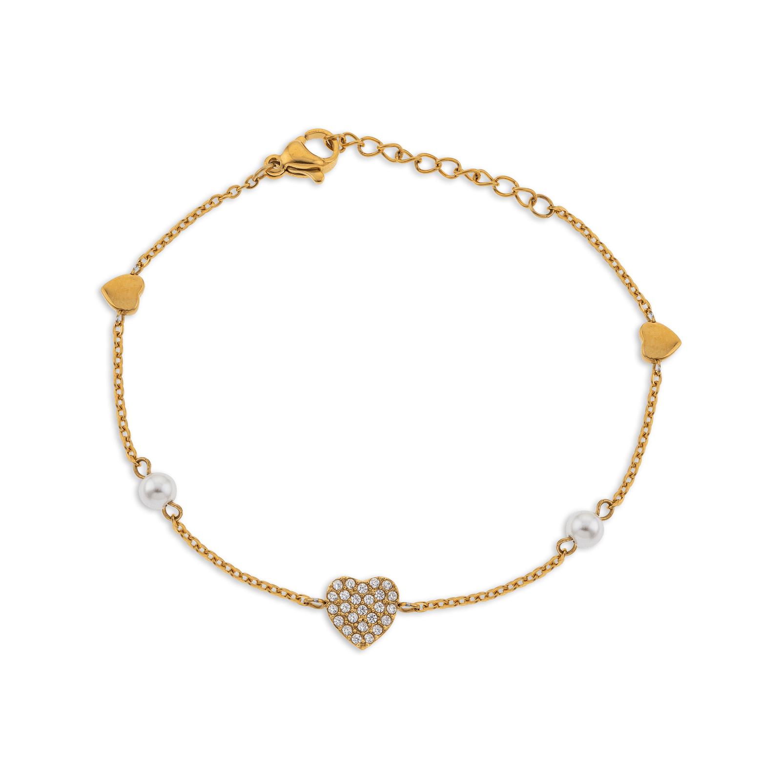 Bracelet Acier Jaune Perle Fantaisie et Cœur Zirconium