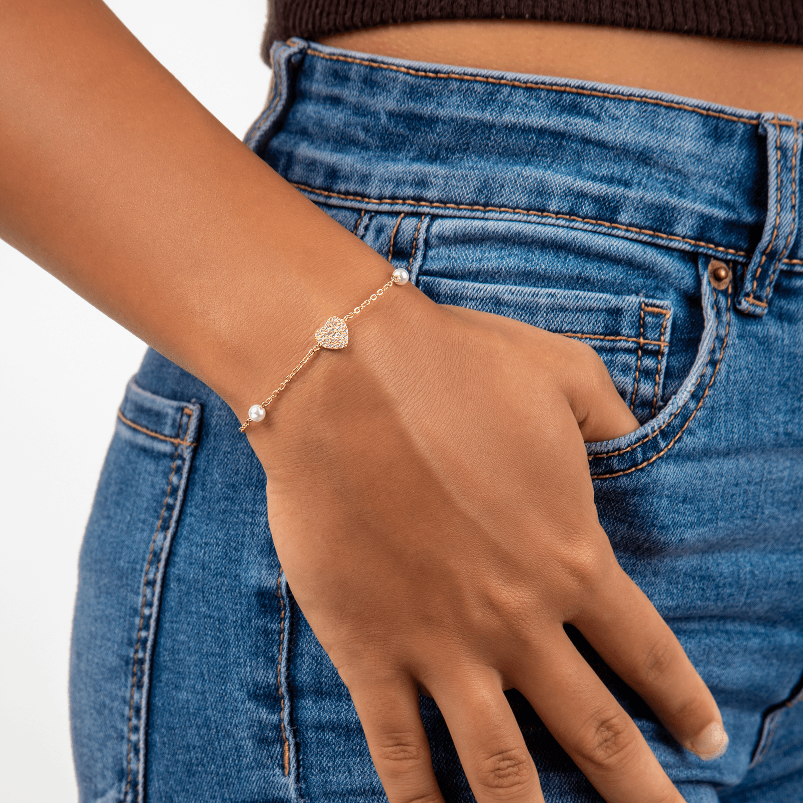 Bracelet Acier Jaune Perle Fantaisie et Cœur Zirconium