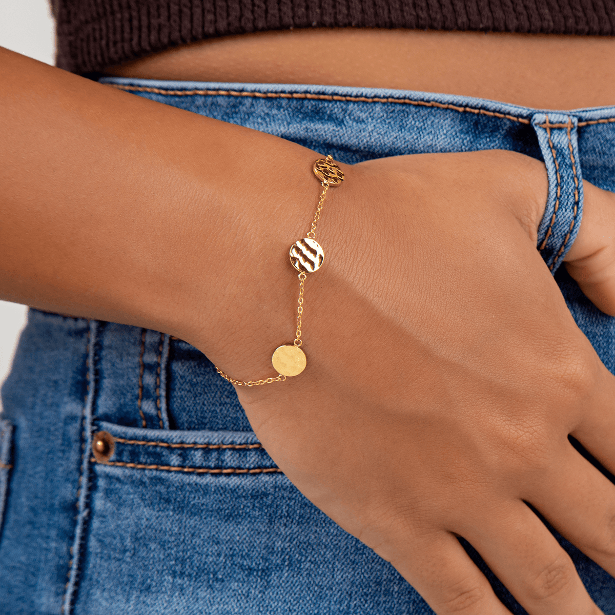 Bracelet Acier Jaune 17 à 20cm Pastilles Martelés 8mm
