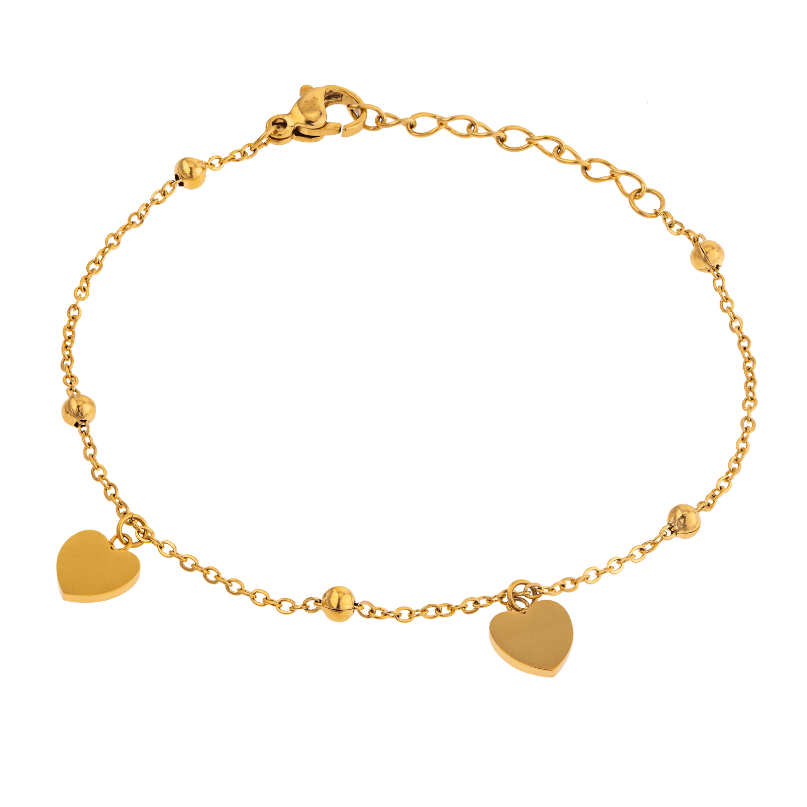 bracelet callas acier doré chaîne et blé pendentif 2 coeurs lisses 16 plus 3 mm