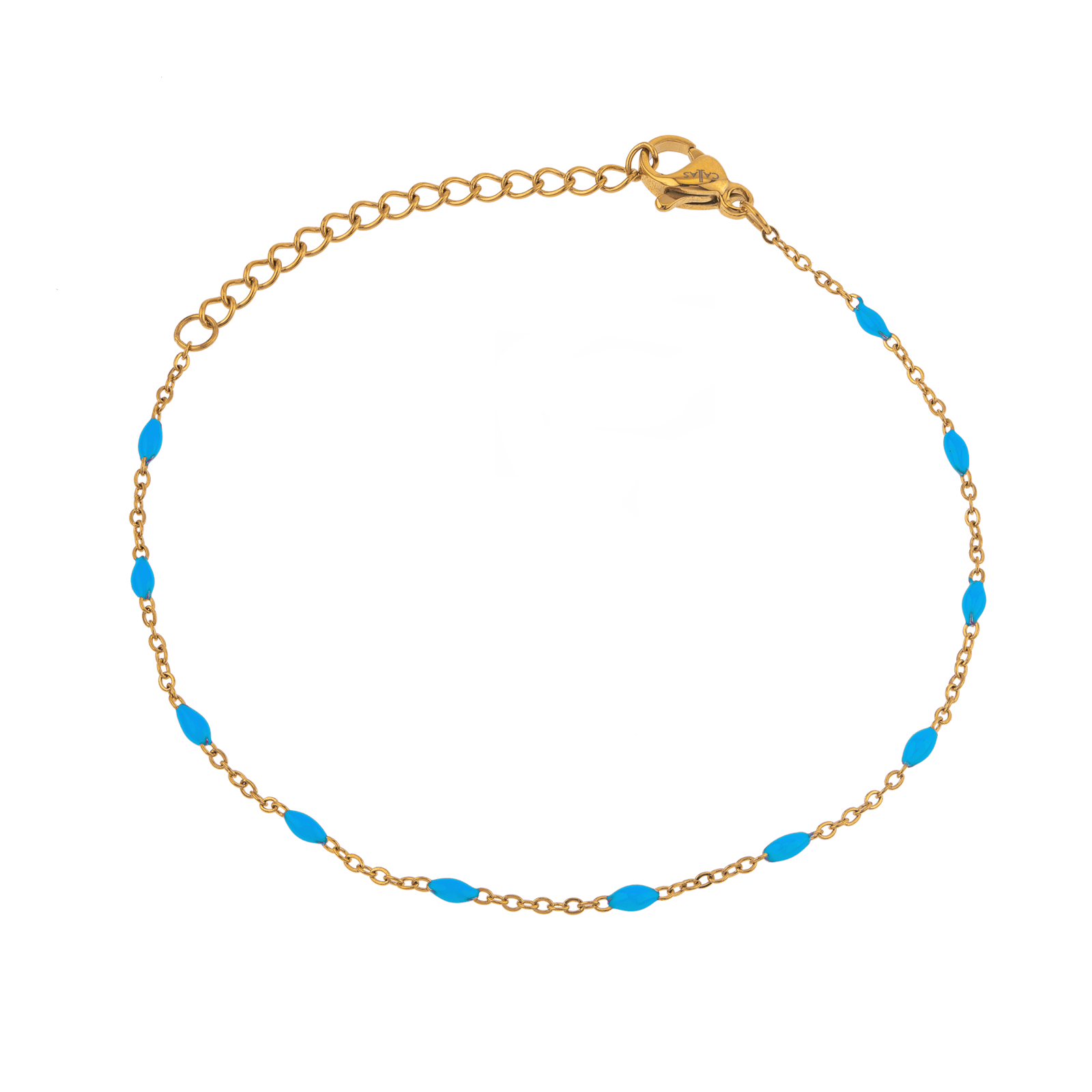 Bracelet Acier Jaune Olives Email Turquoise 2mm Chaîne 1.2mm 16A20cm