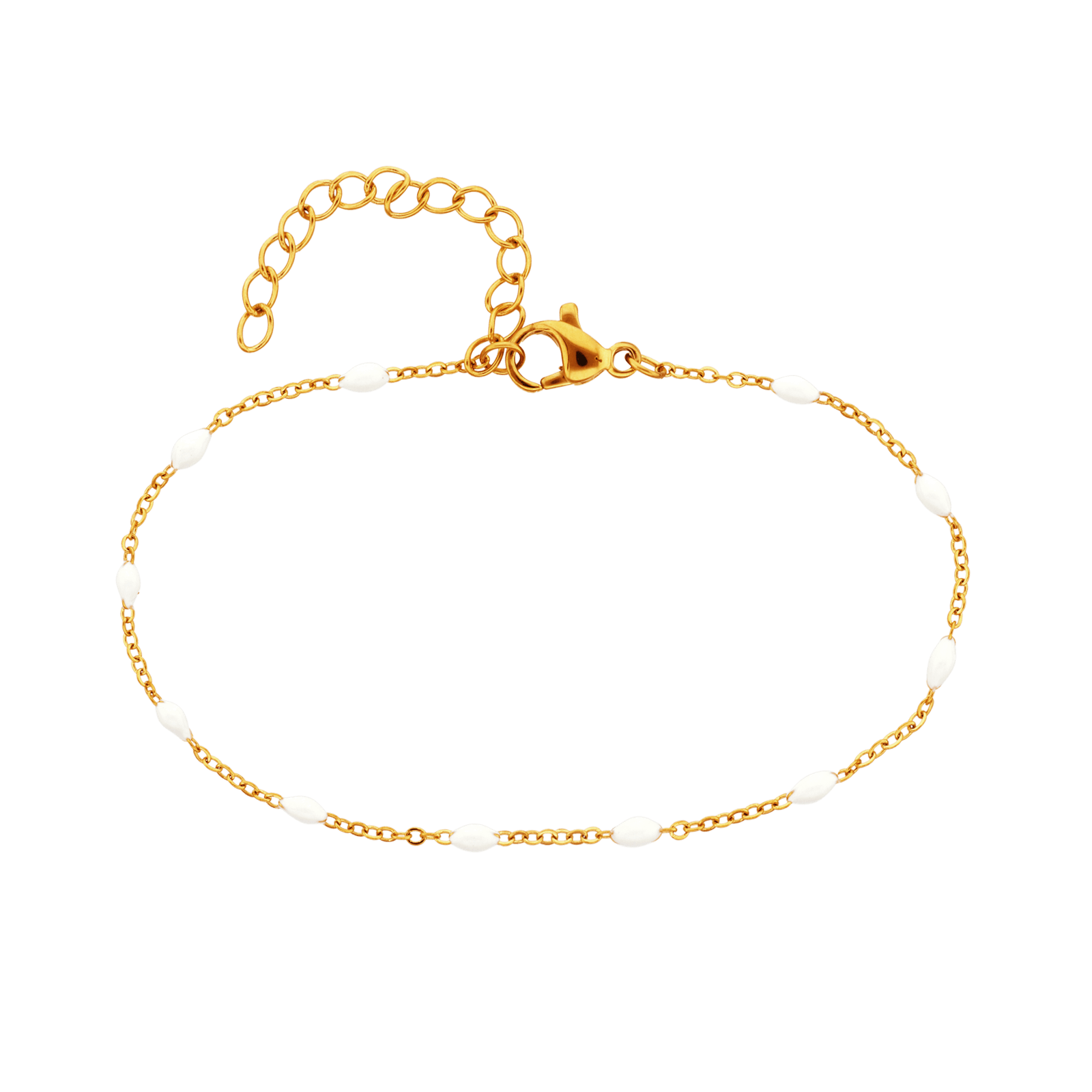 Bracelet Acier Jaune Olives Email Blanc 2mm Chaîne 1.2mm 16A20cm