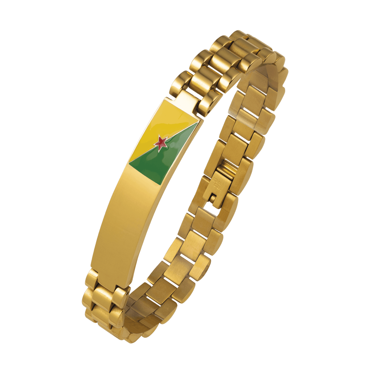 Bracelet Acier Jaune Plaque 10*44mm Drapeau Guyane Email Multicolore 10mm 19 à 22cm