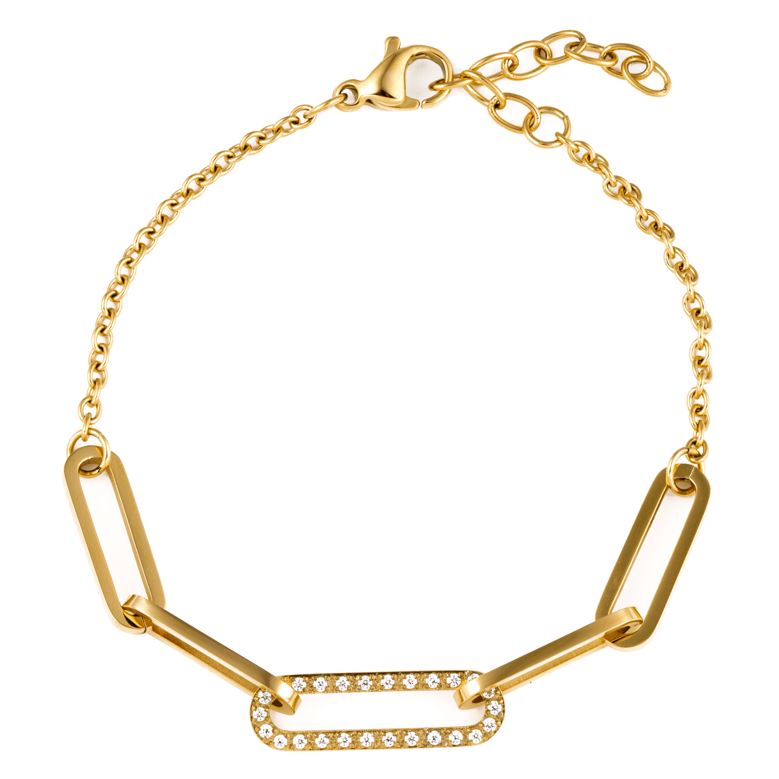 bracelet callas acier doré centre quatre mailles plus 1 sertie zirconia cubique blanc 16 plus 3 mm