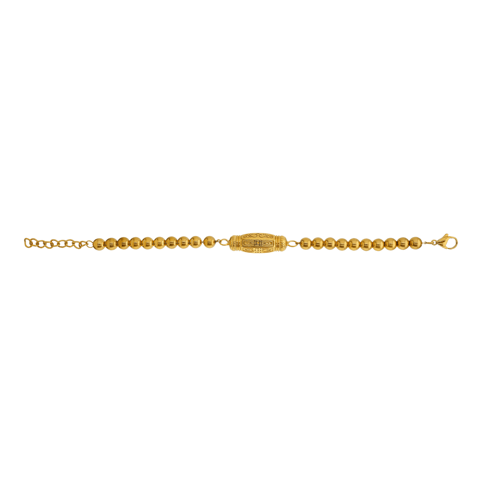 Bracelet Callas Acier doré boules 6 millimètres centre barillet ciselé 17 plus 3 centimètres