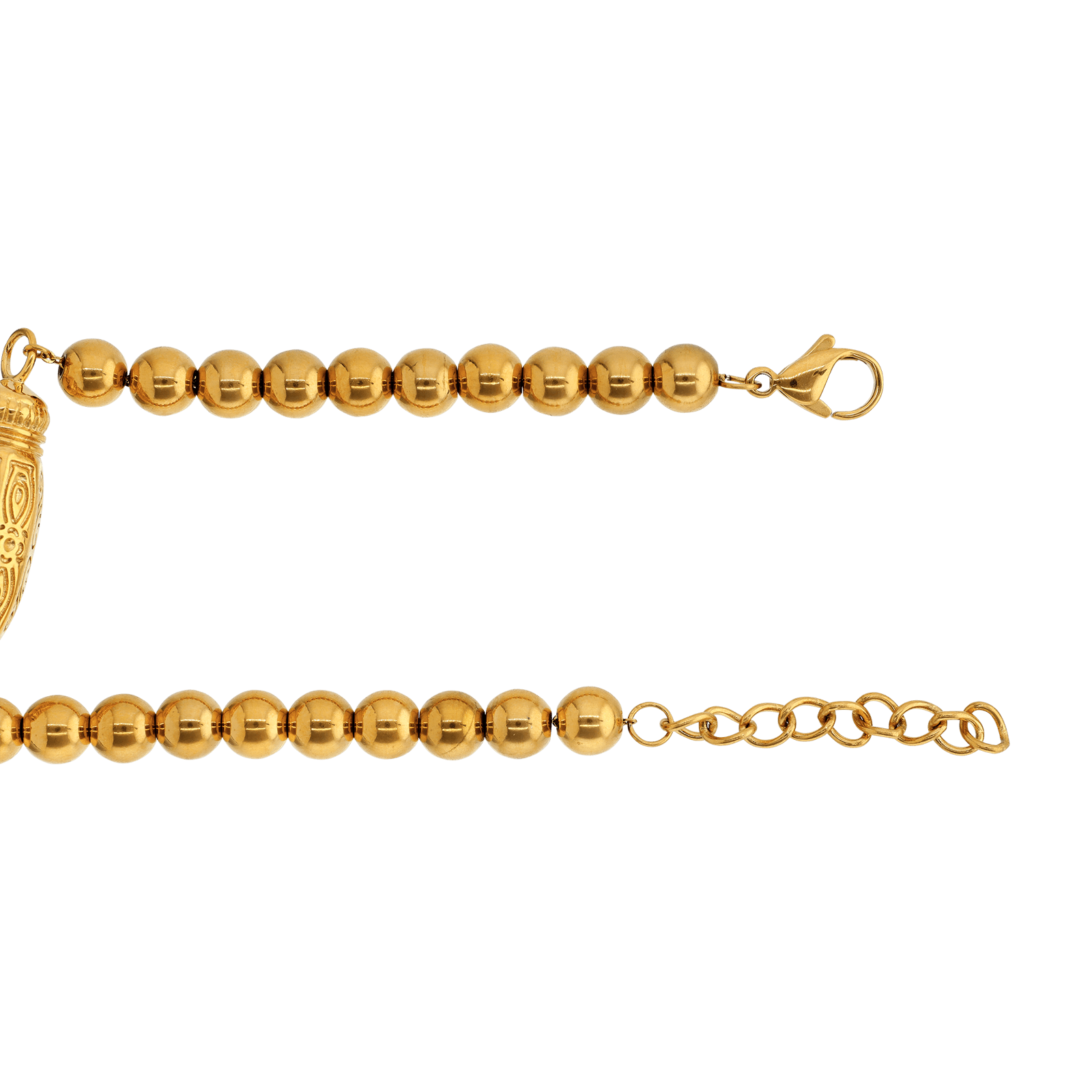 Bracelet Callas Acier doré boules 6 millimètres centre barillet ciselé 17 plus 3 centimètres