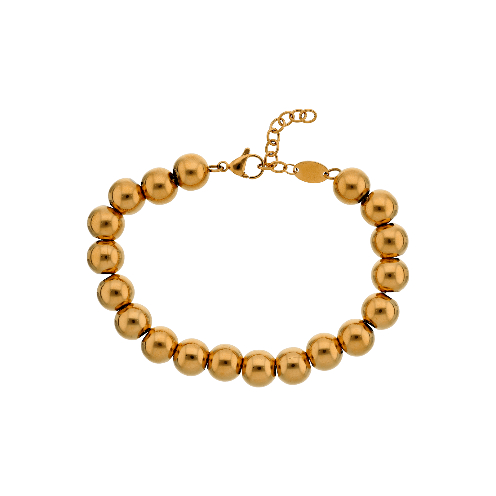 Bracelet Callas Acier doré boules 10 millimètres 17 plus 3 centimètres tag