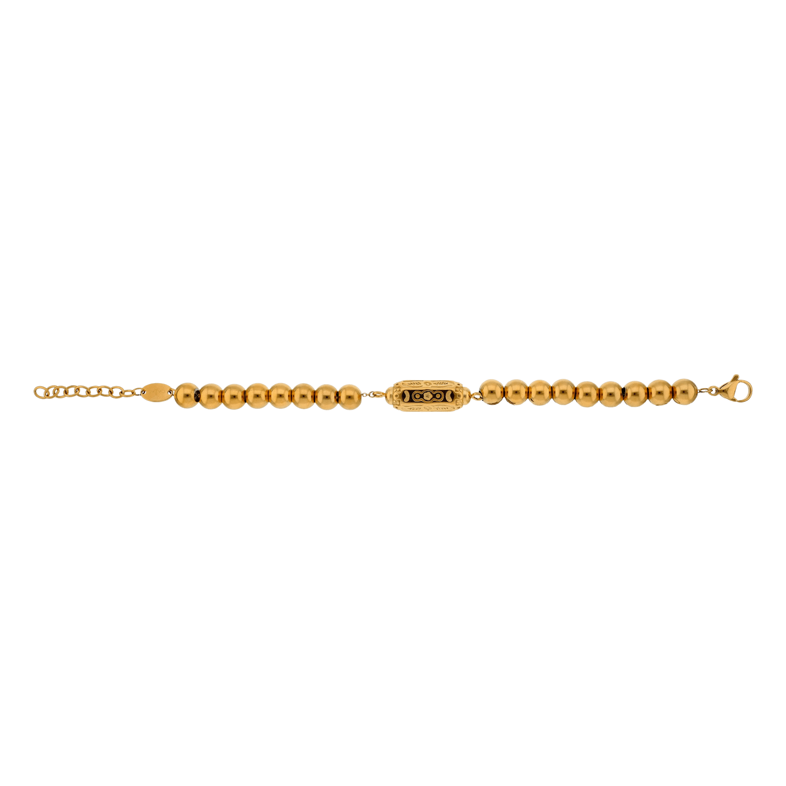 Bracelet Callas Acier doré boules 8 millimètres barillet glyphe 17 plus 3 centimètres tag