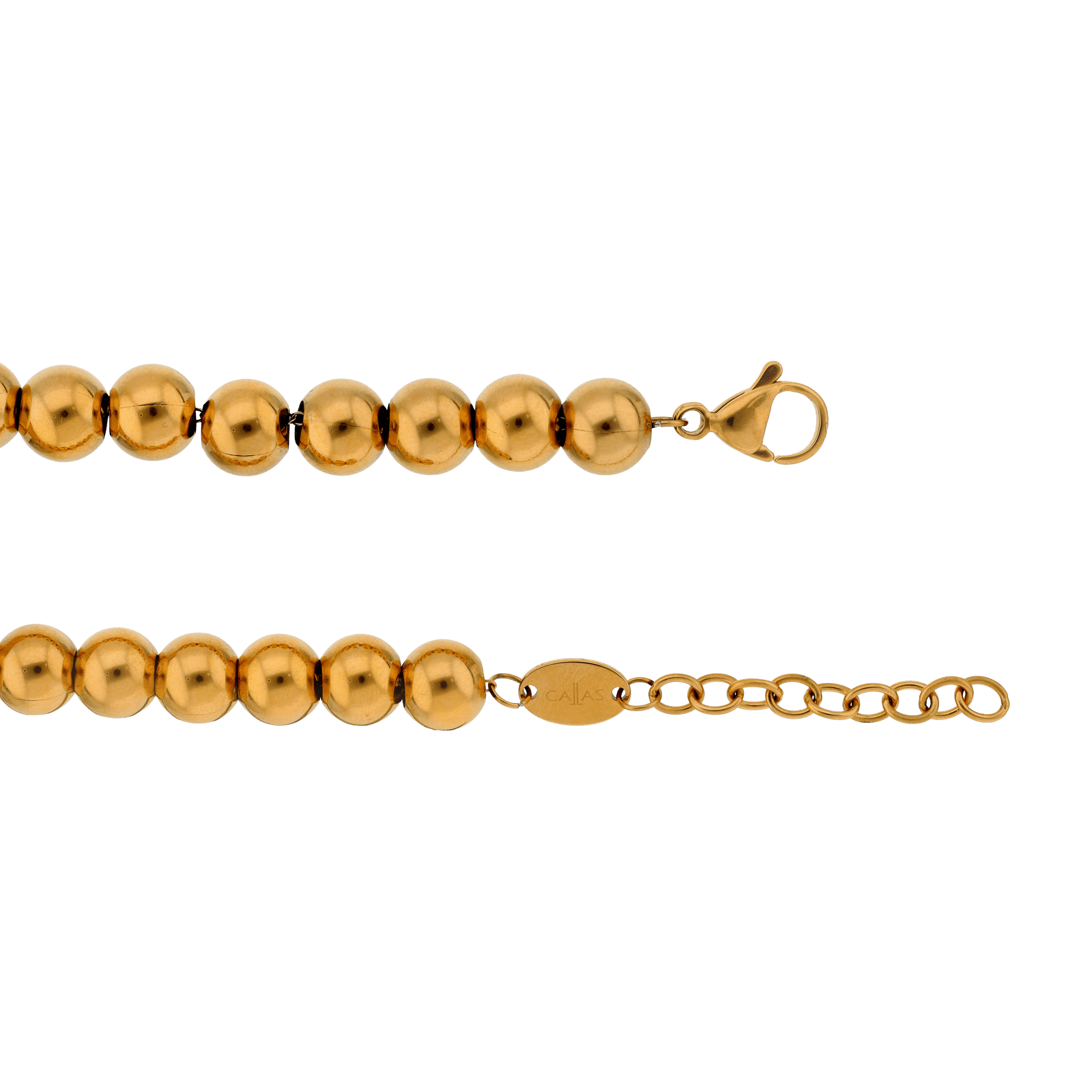Bracelet Callas Acier doré boules 8 millimètres barillet glyphe 17 plus 3 centimètres tag