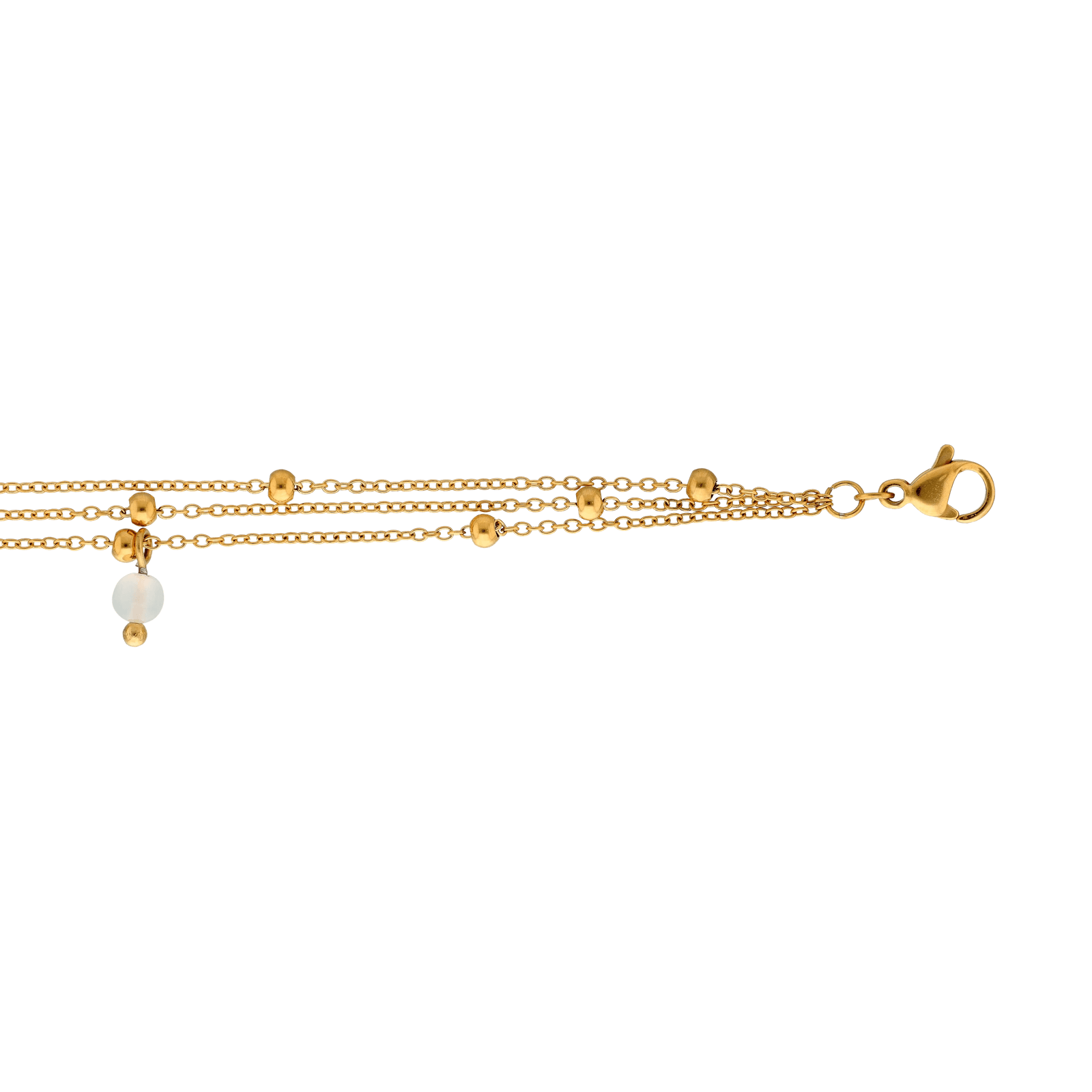 Bracelet Callas en acier doré trois chaînes avec boules d’agate blanche, 16 cm avec rallonge de 3 cm