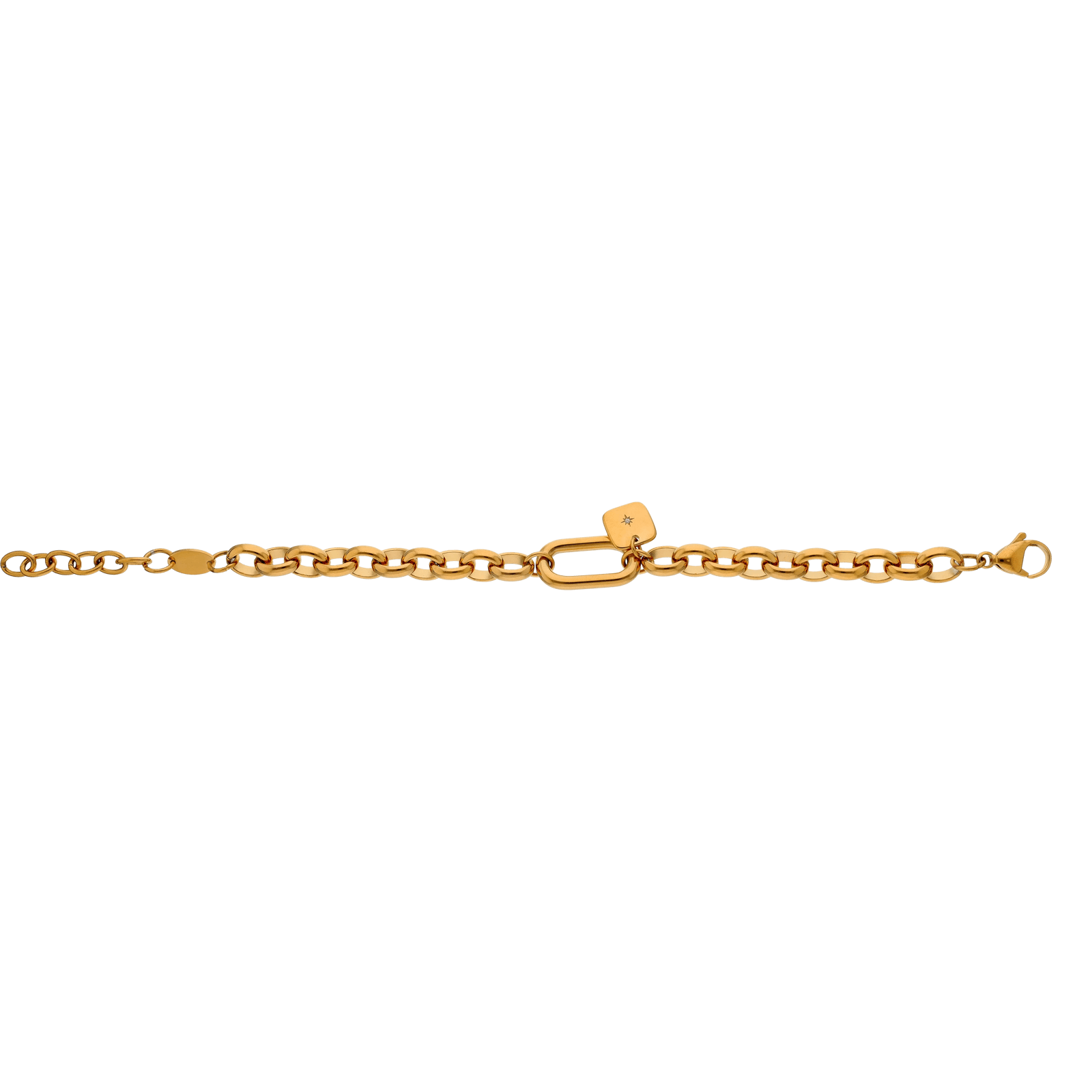 Bracelet Callas en acier doré maille jaseron ovale avec pampille carrée en cristal Preciosa, 17 cm avec rallonge de 3 cm