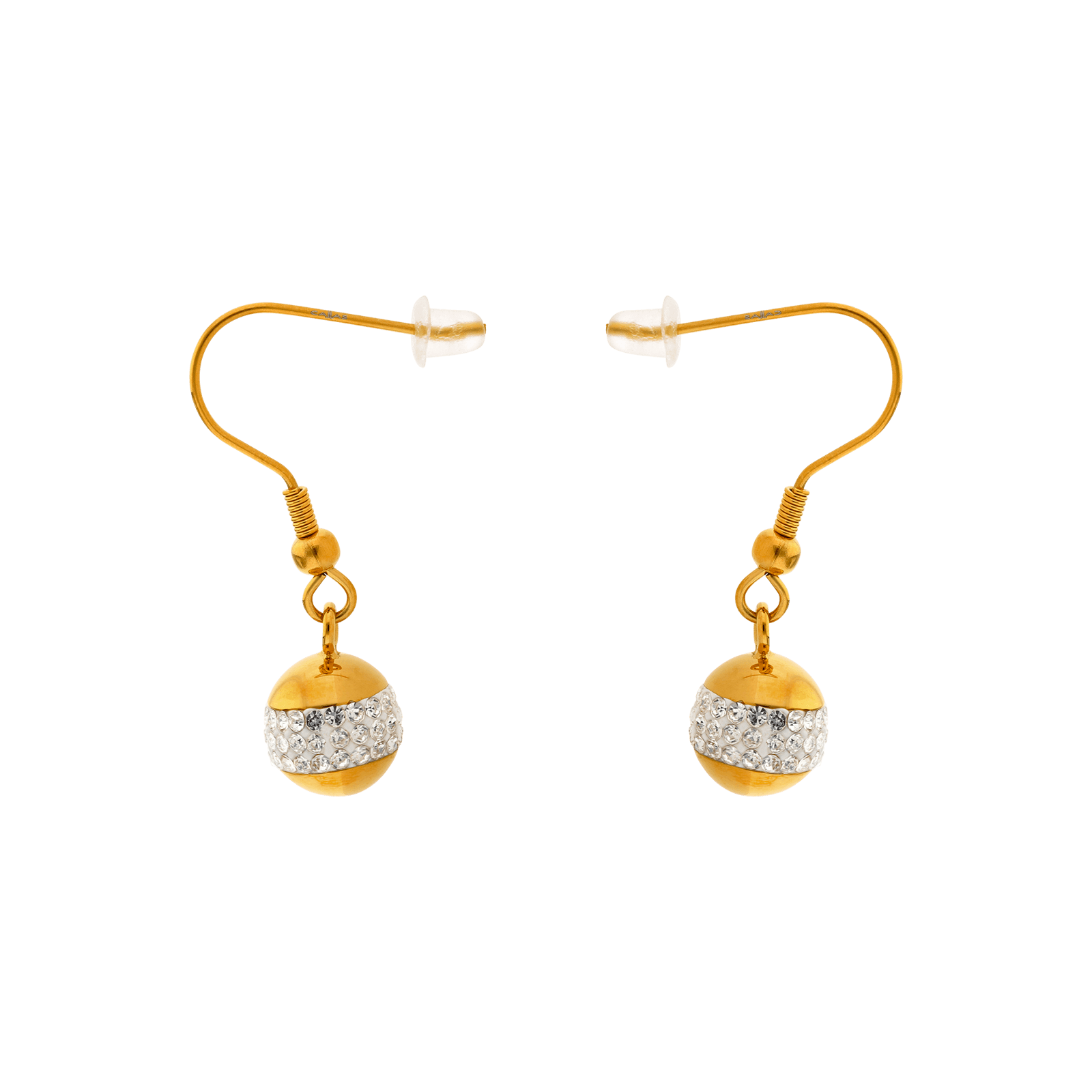 boucles d'oreilles pendentif callas acier boule acier et cristal acier doré