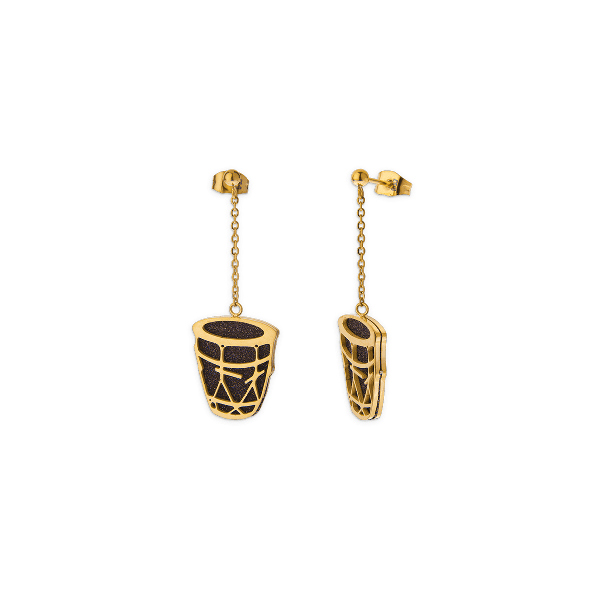 Boucles D'oreilles Acier Bicolore Gwoka Couleur Noir 16*19mm Pendant 46mm Au Total