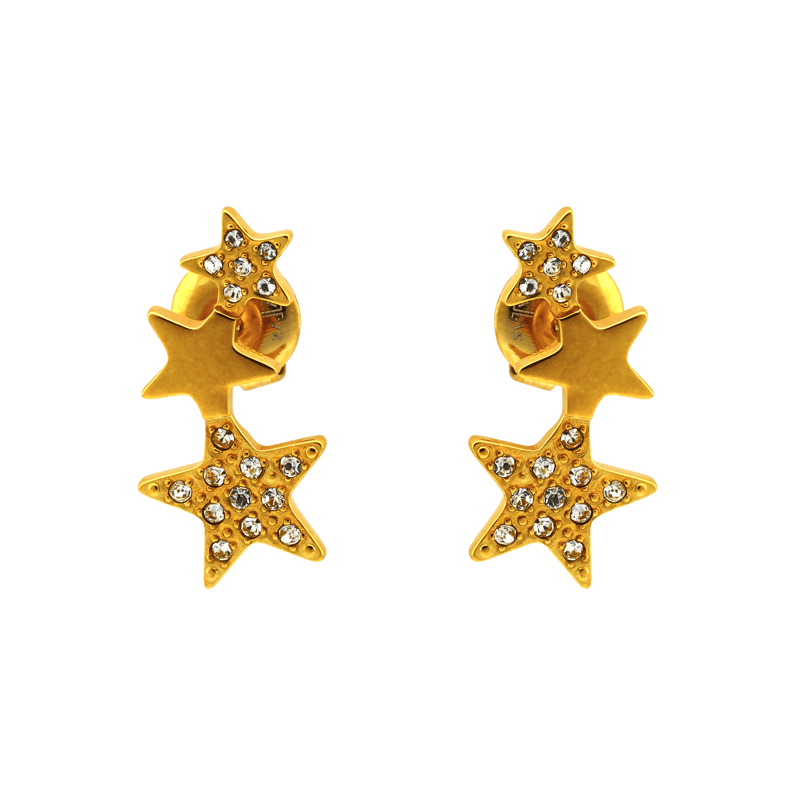 boucles d'oreilles callas acier trois étoiles chute lisse et oxyde de zirconium doré