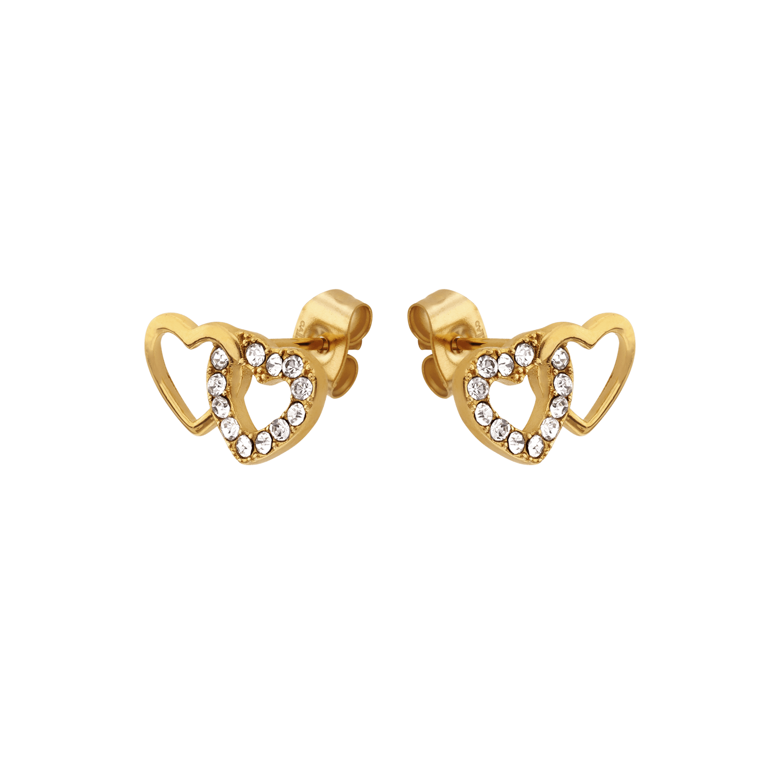 Boucles d'Oreilles Callas Acier doré double coeur Lisse et Cristal