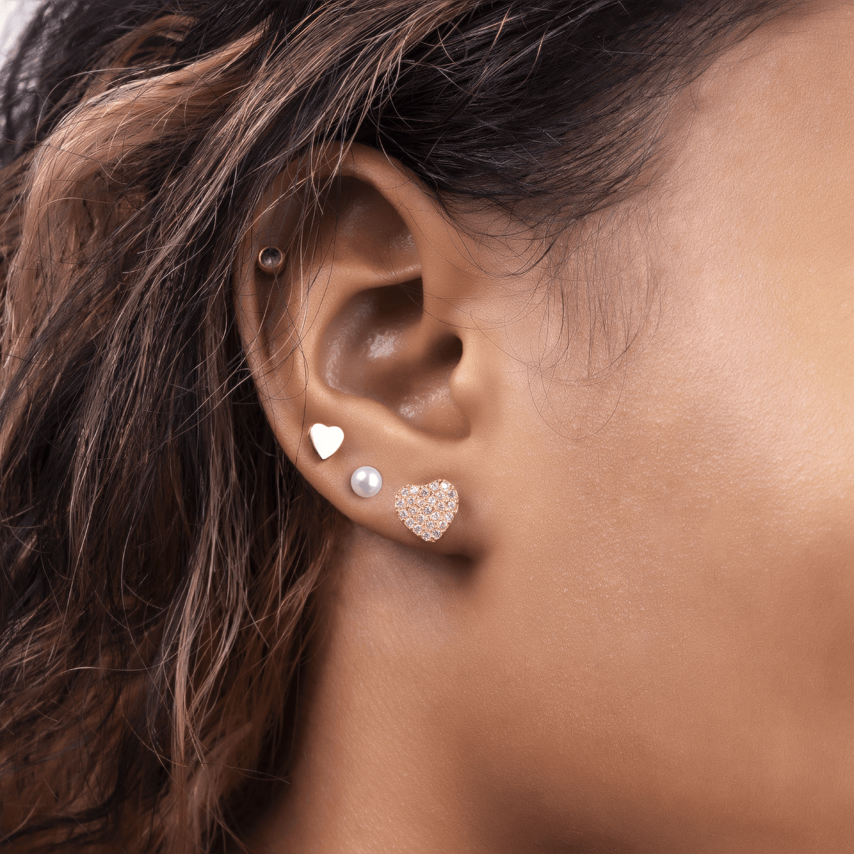 Boucles D'oreilles Dépareillées Acier Jaune Cœur Zirconium Perle