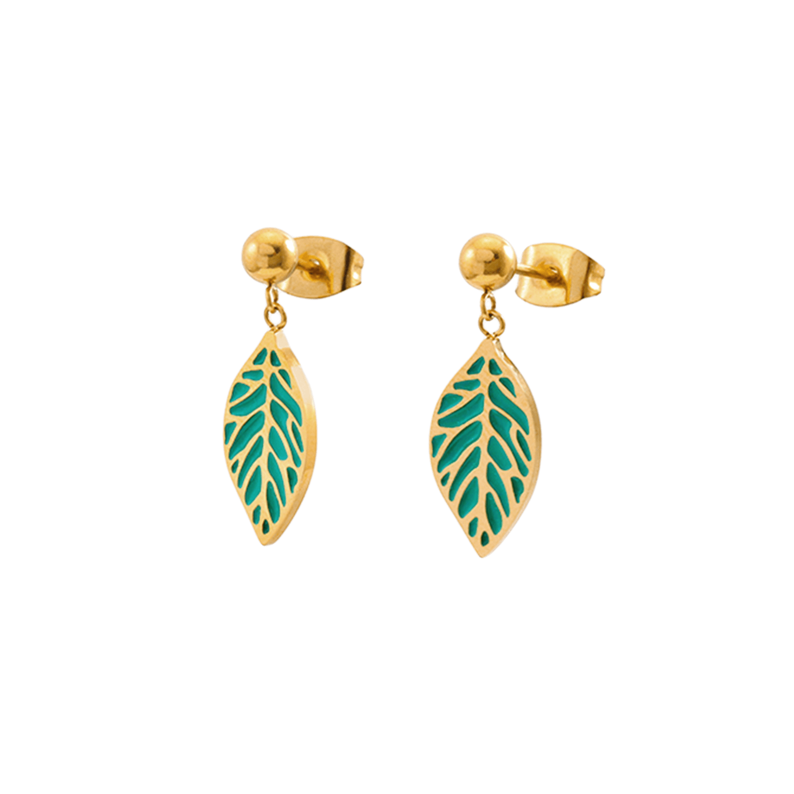 Boucles d'Oreilles Callas pendentif feuille émail vert Acier doré