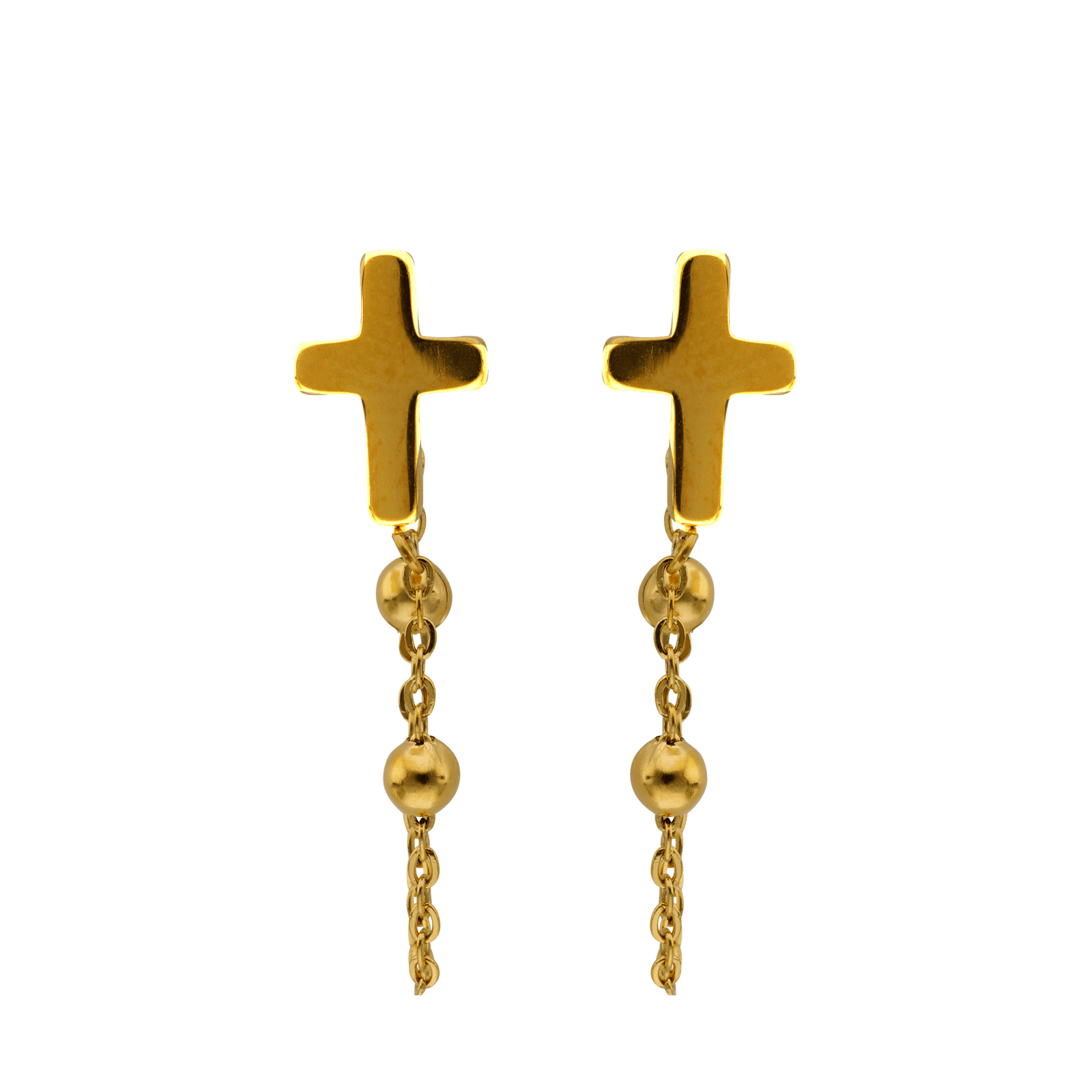 boucles d'oreilles callas acier doré croix chaîne fine boule 3 mm