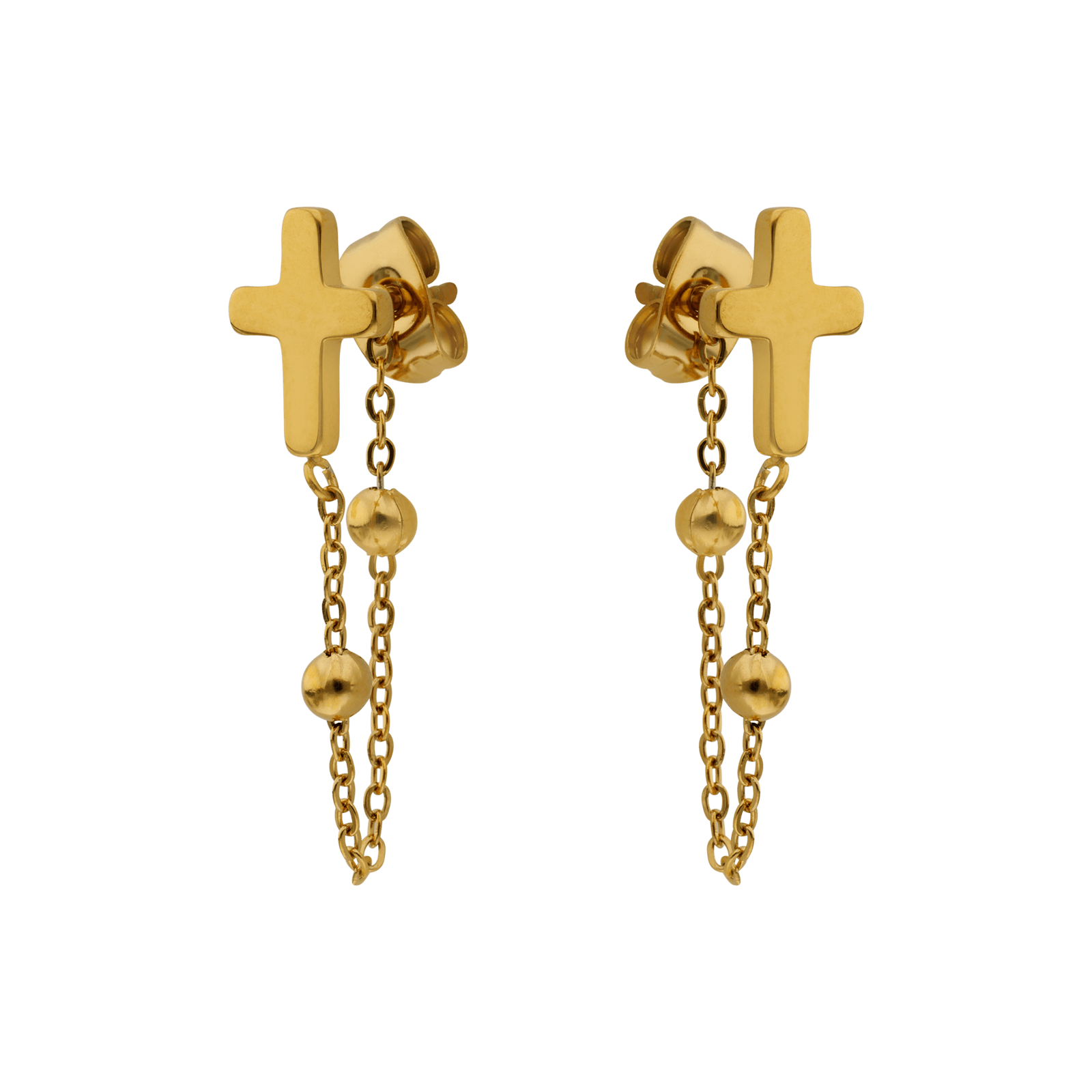 boucles d'oreilles callas acier doré croix chaîne fine boule 3 mm