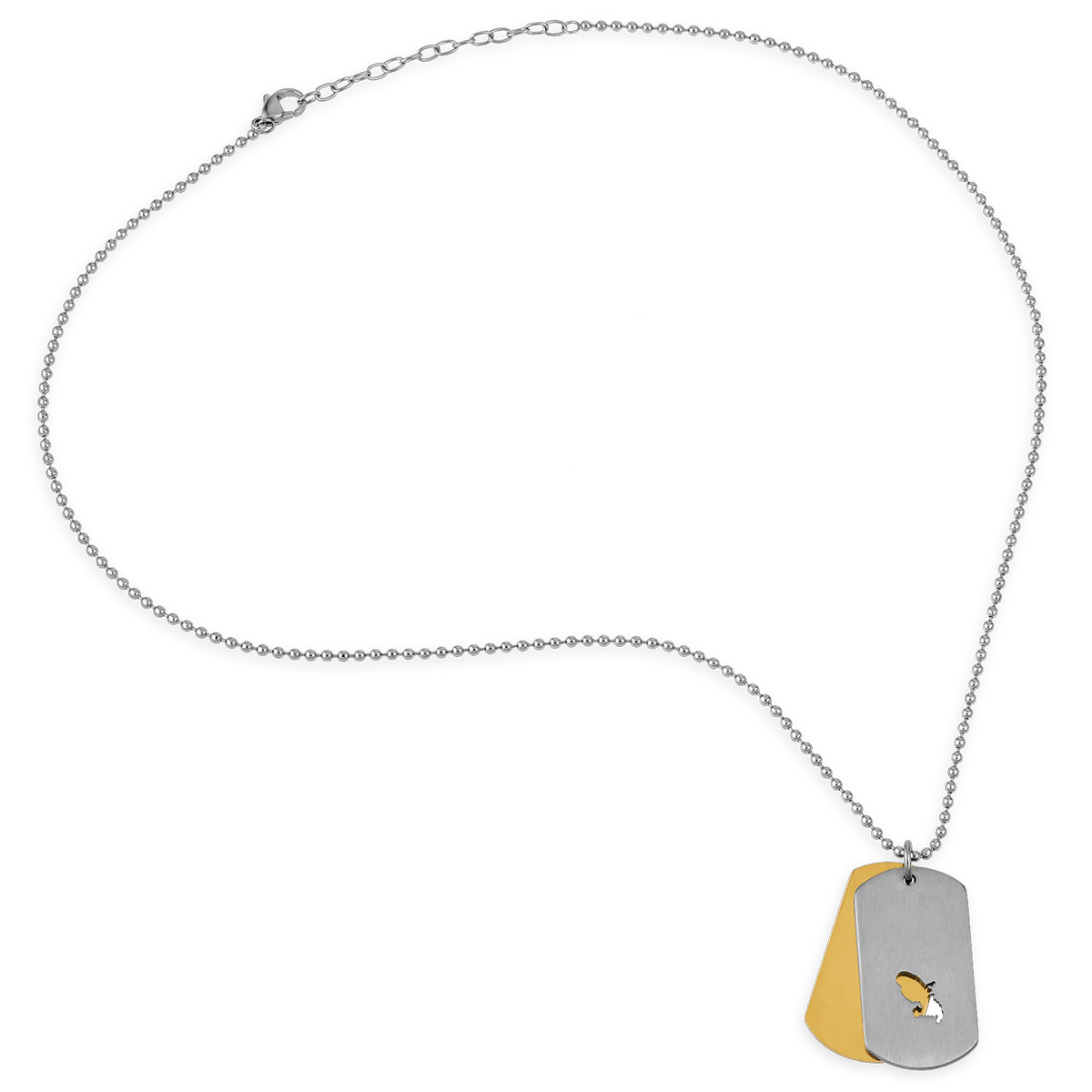 Collier Acier Bicolore Carte Guadeloupe Chaîne Lavabo 2mm Plaques 19*30mm 50 à 55cm