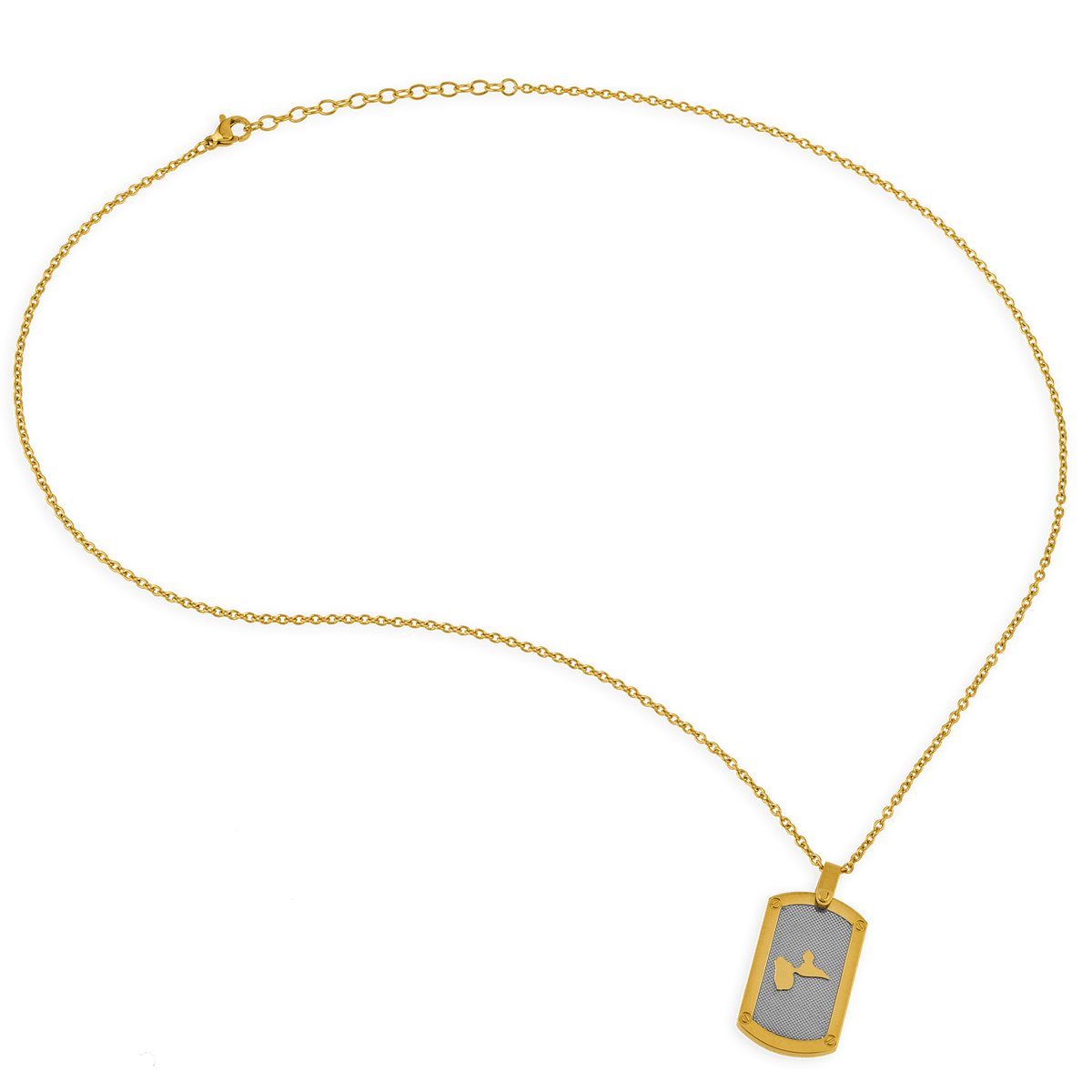 Collier Acier Bicolore Carte Guadeloupe Chaîne 2mm Plaque 19*30mm 50 à 55cm