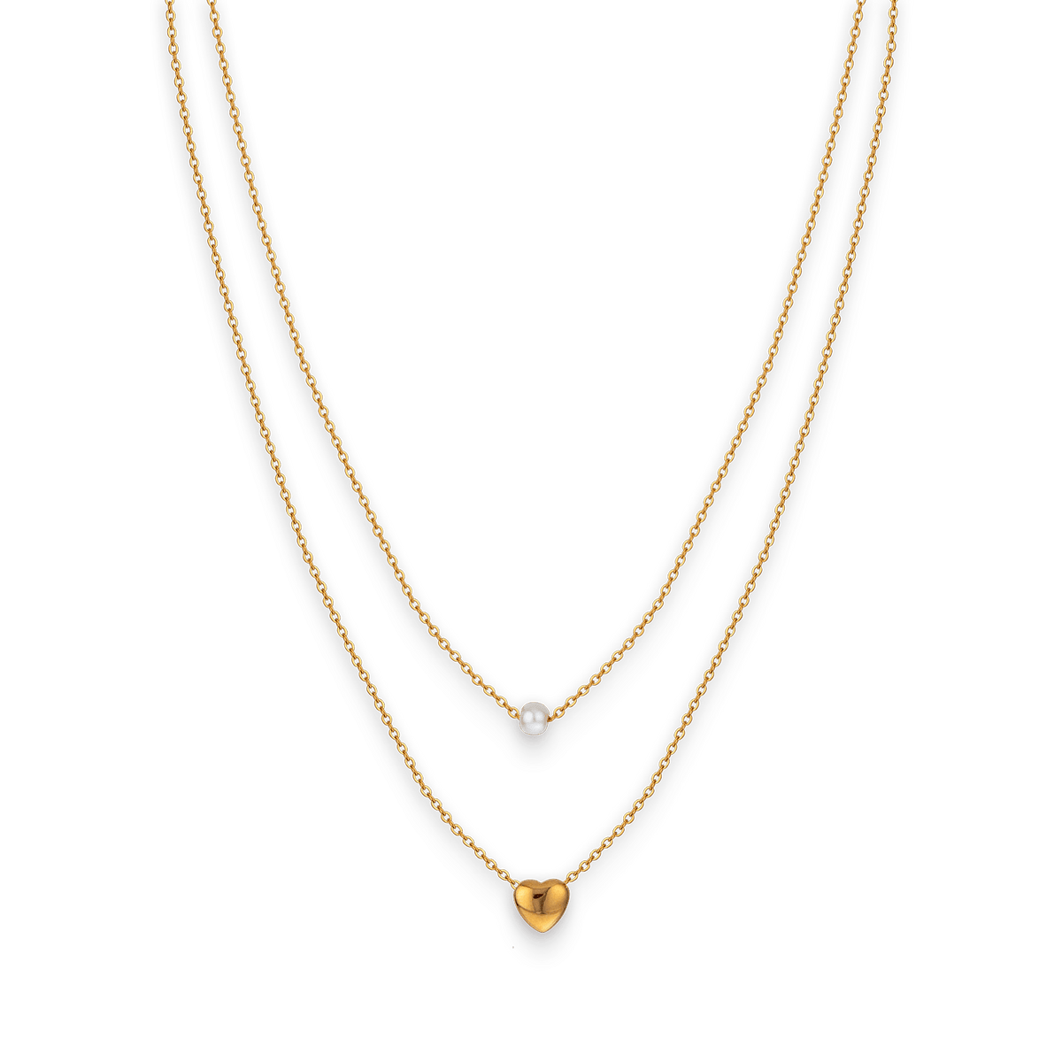Collier Acier Jaune Double Rangs Perle Synthétique 4.5mm Cœur 7mm 38 à 43cm