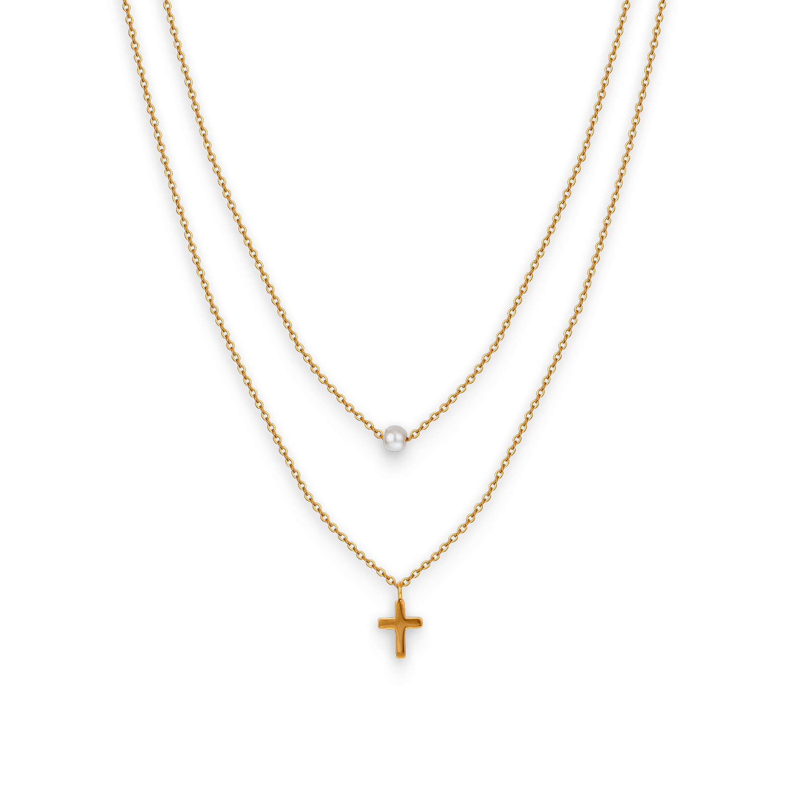 Collier acier jaune double rangs perle synthétique et croix