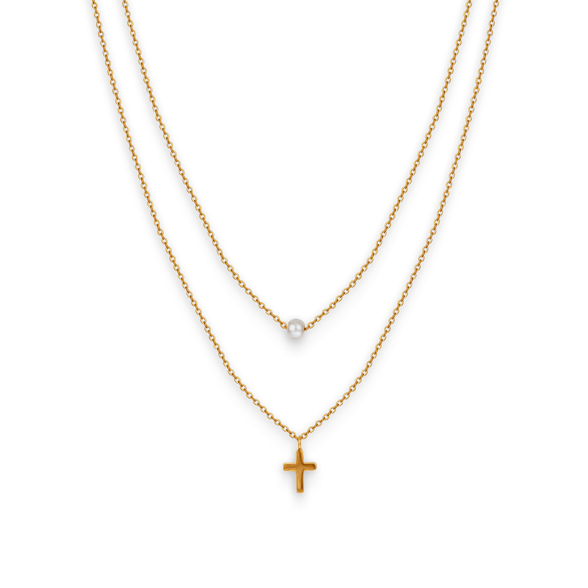 Collier Acier Jaune Double Rangs Perle Synthétique 4.5mm Croix 7*10mm 38 à 43cm