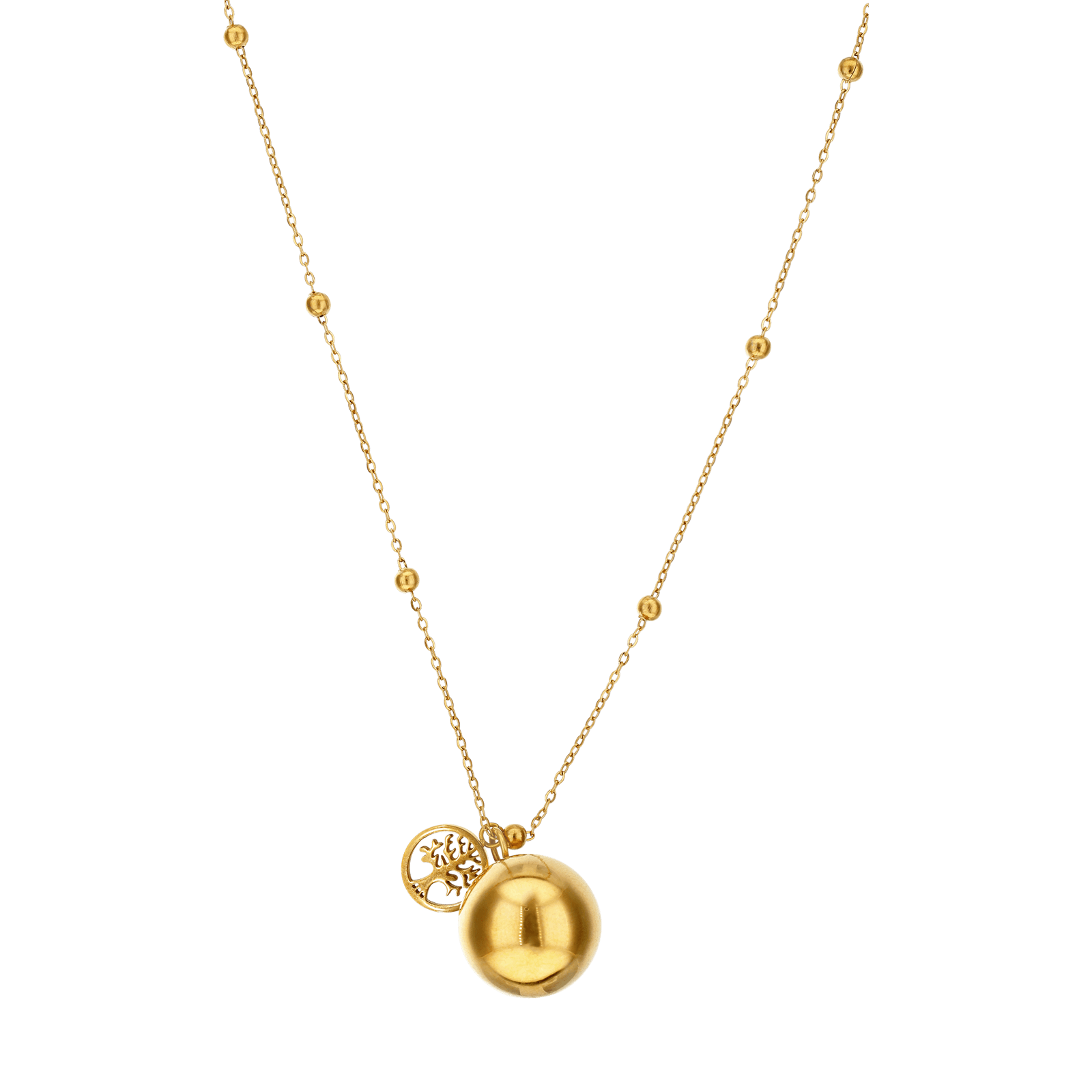 sautoir Callas Acier doré bola boules pendentif boule et pampille arbre 110 plus 5 centimètres