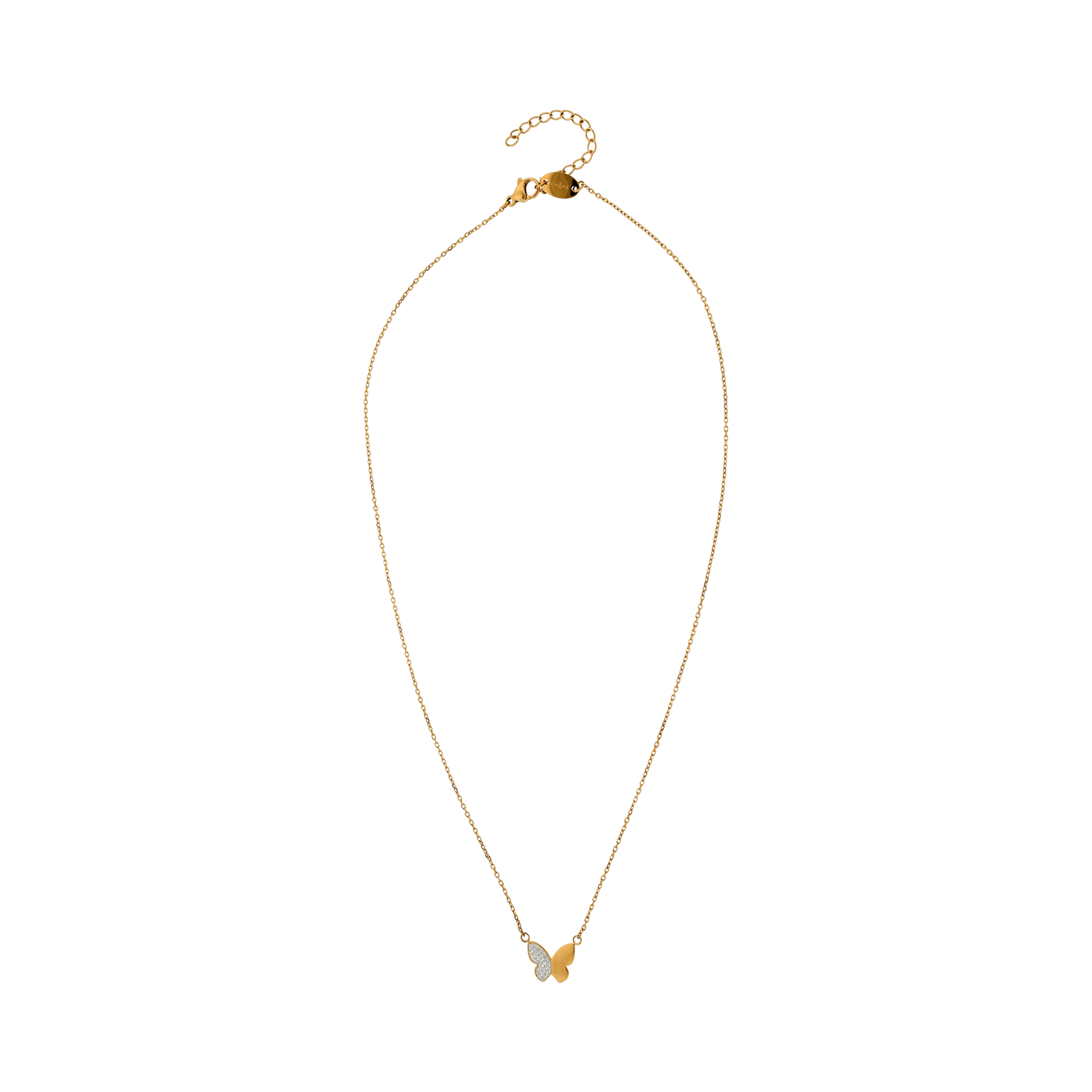 Collier Callas Acier doré Pendentif Papillons Lisse et Cristal Preciosa 45 plus 5 centimètres tag