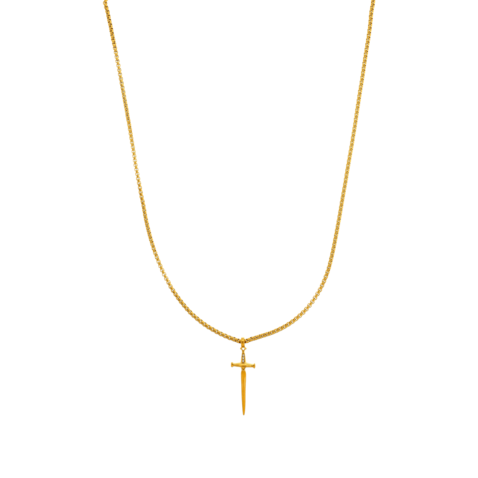 collier callas acier pendentif épée sertie oxyde de zirconium 60 plus 5 mm doré
