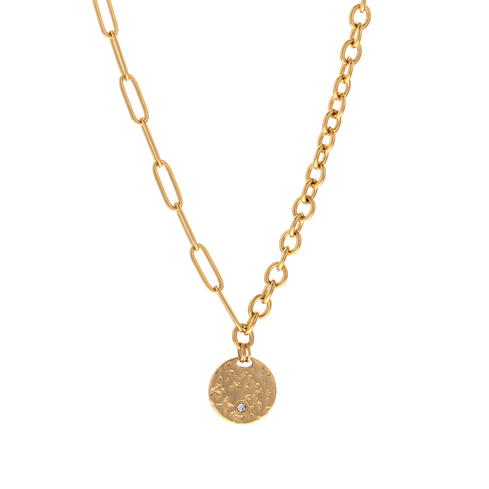 Collier Acier Jaune Deux Mailles Médaille Cristal