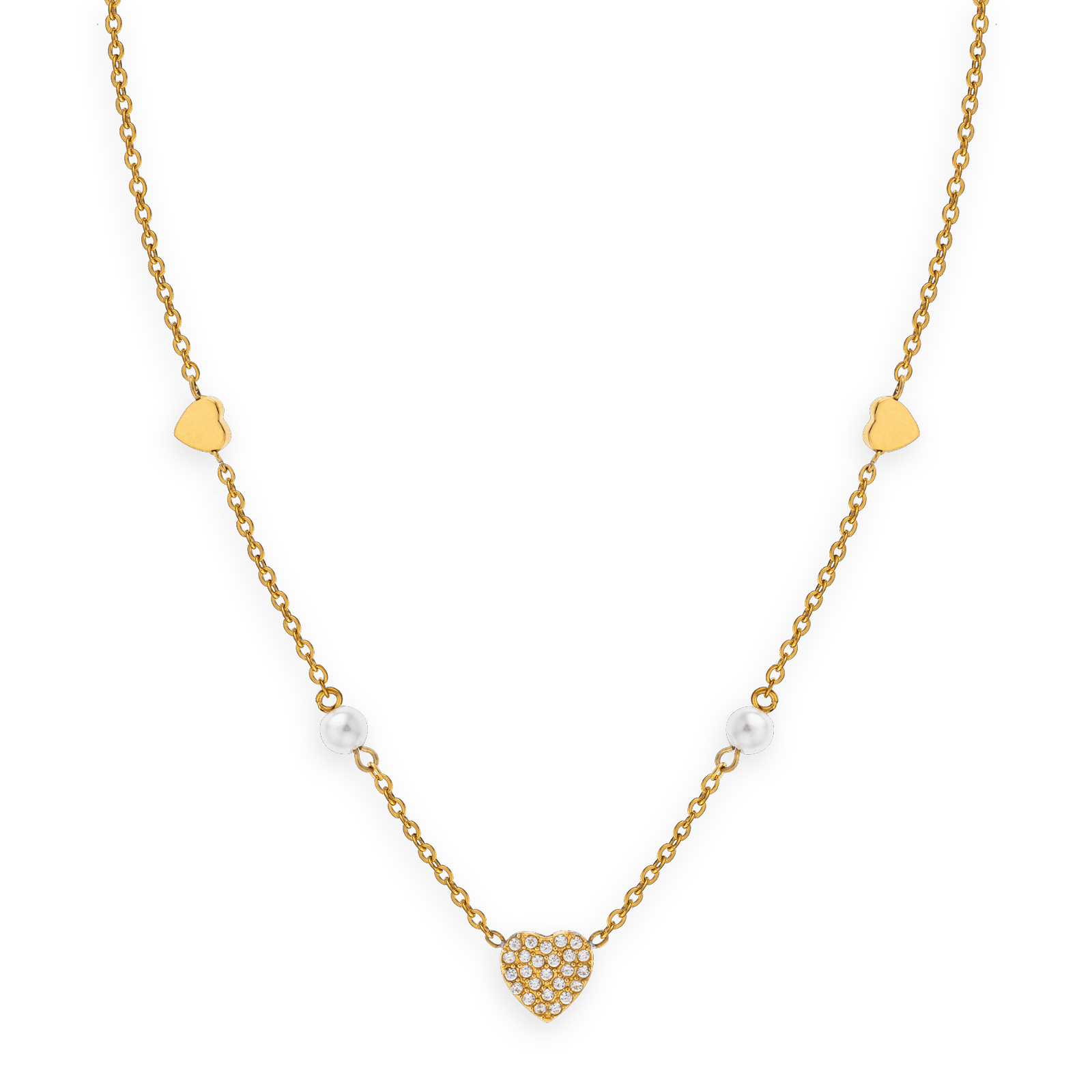 Collier Acier Jaune Perle Fantaisie et Cœur Zirconium