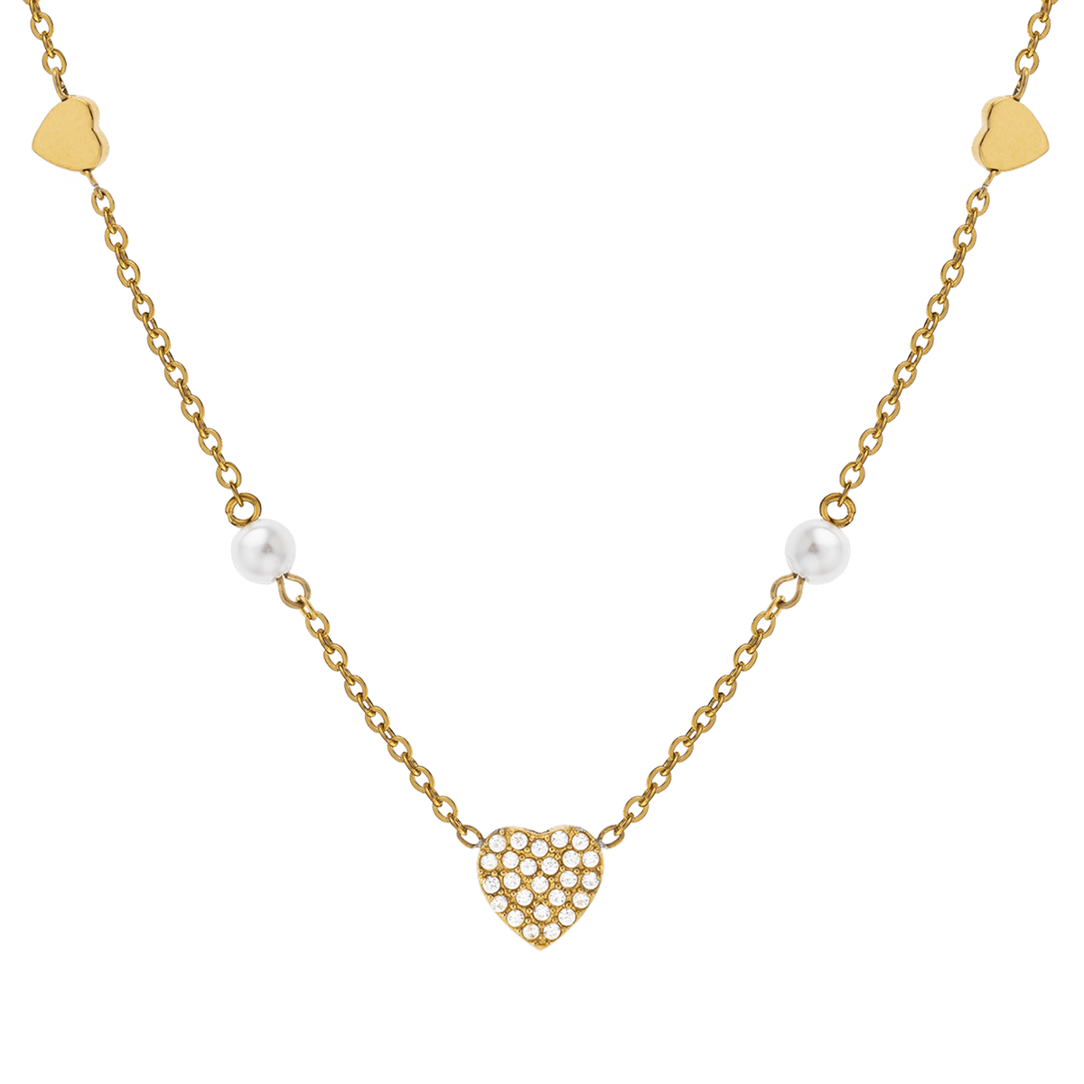 Collier Acier Jaune Perle Synthétique 4mm Cœur Zirconium 18mm 40 à 45cm