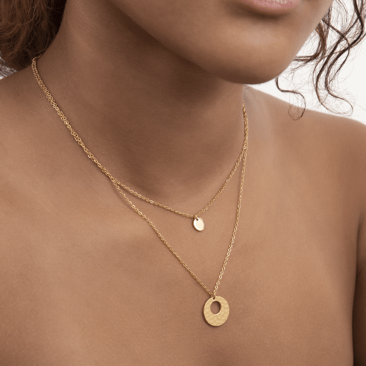 Collier Acier Jaune Double Rangs Motif Martelé 16.5mm Lisse 7.5mm 40 à 45cm