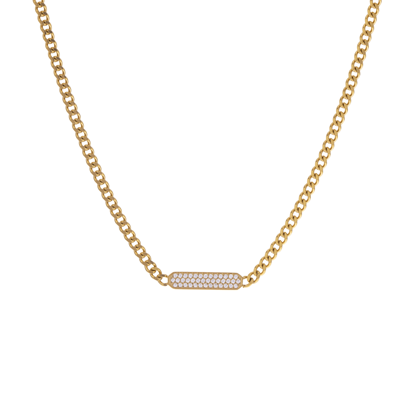 Collier Callas Acier doré maille gourmette Centre Plaqué sertie Oxyde de Zirconium 45 plus 5 cm