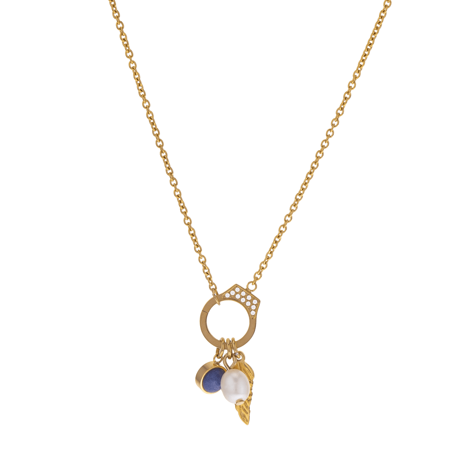 Collier Callas Acier doré Pendentif trois breloques perle, aventurine et aile 43 plus 5 centimètres