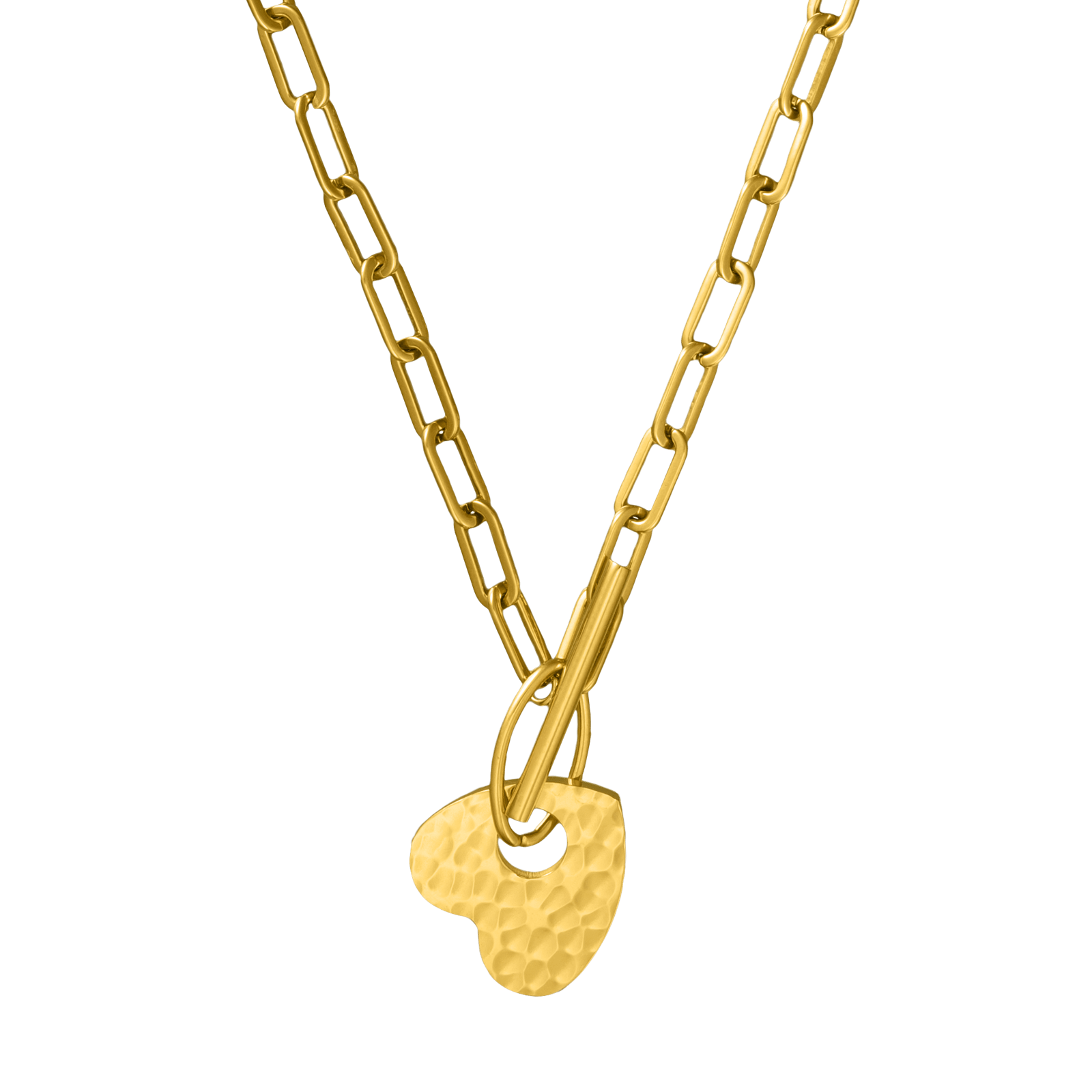 Collier Callas Acier doré maille rectangle fermoir bâton et coeur martelées 45 centimètres