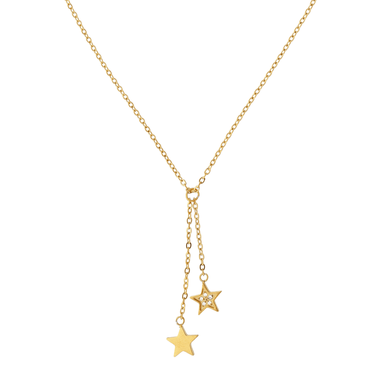 collier callas acier doré pendentif y 2 étoiles lisse et oxyde de zirconium 40 plus 5 mm