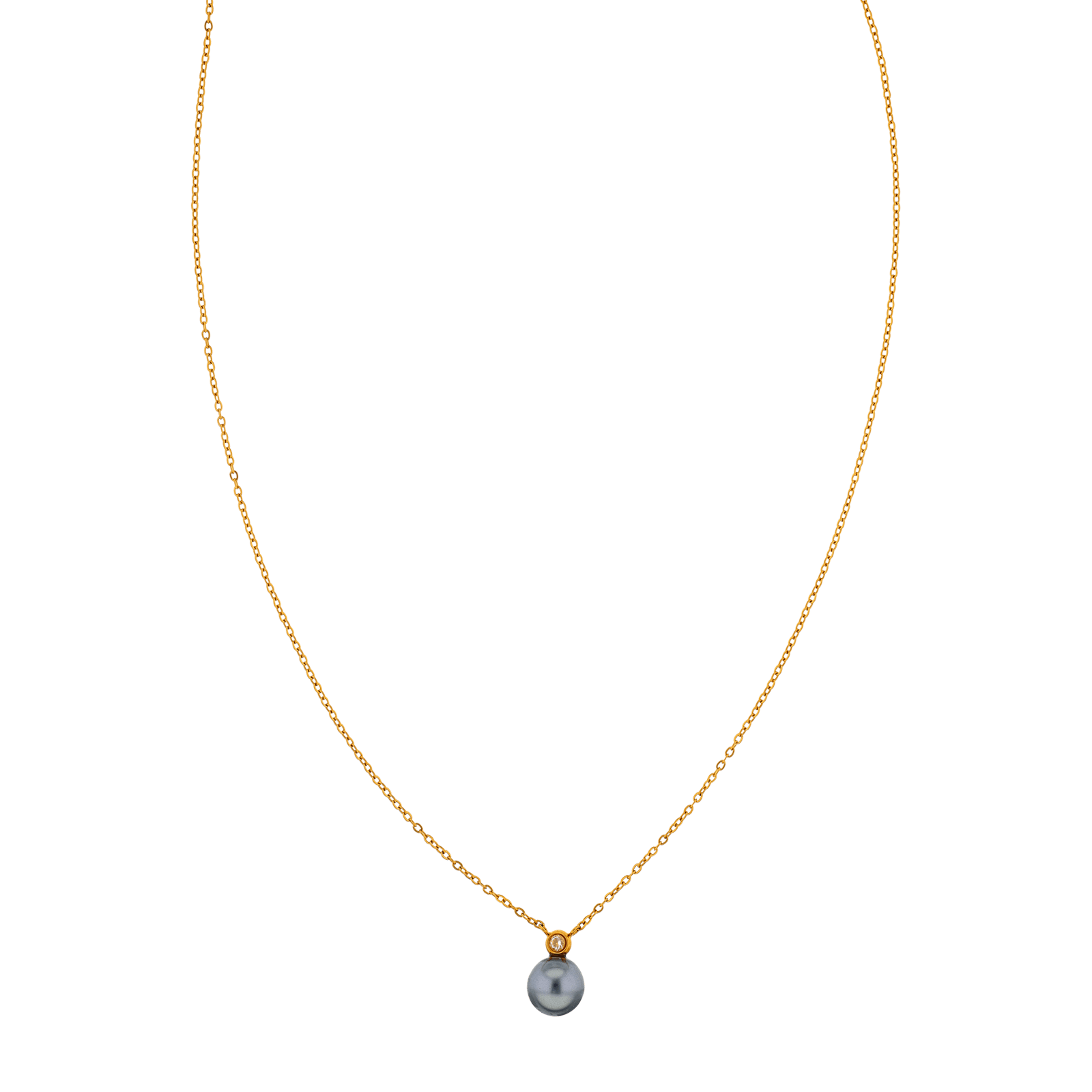 Collier Callas Pendentif Perle synthétique grise 8 millimètres et Zirconia Cubique 2 millimètres 40 plus 5 centimètres Acier doré