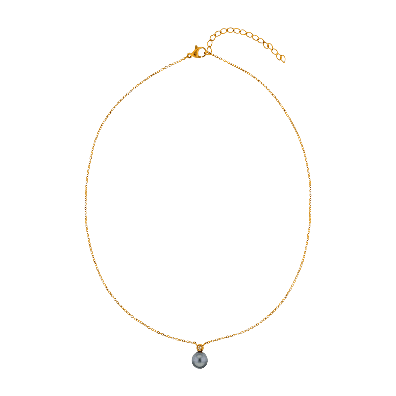 Collier Callas Pendentif Perle synthétique grise 8 millimètres et Zirconia Cubique 2 millimètres 40 plus 5 centimètres Acier doré