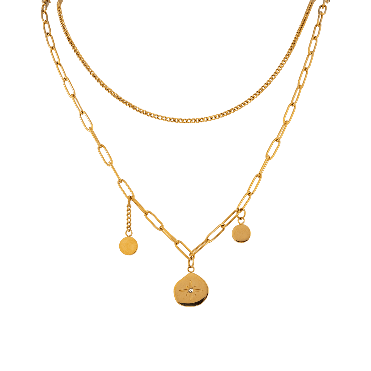 collier callas acier doré double chaîne 2 breloques lisse plus 1 breloque zirconia cubique 44 plus 5 mm