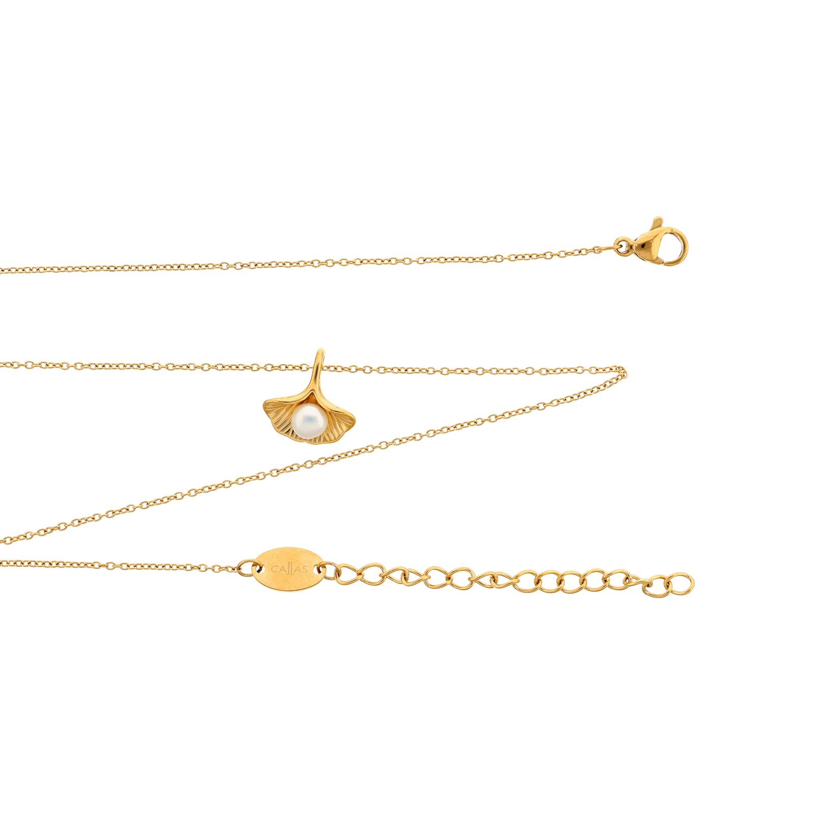 Collier Callas Acier doré Pendentif pétale de fleur et perle 45 plus 5 centimètres tag