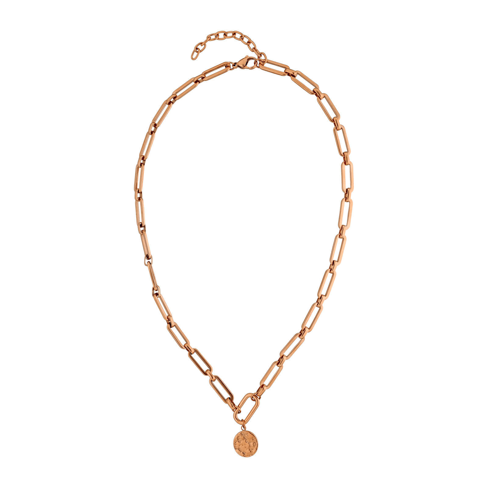 Collier Callas en acier doré rose maille forçat lisse avec médaille martelée, 42 cm avec rallonge de 5 cm