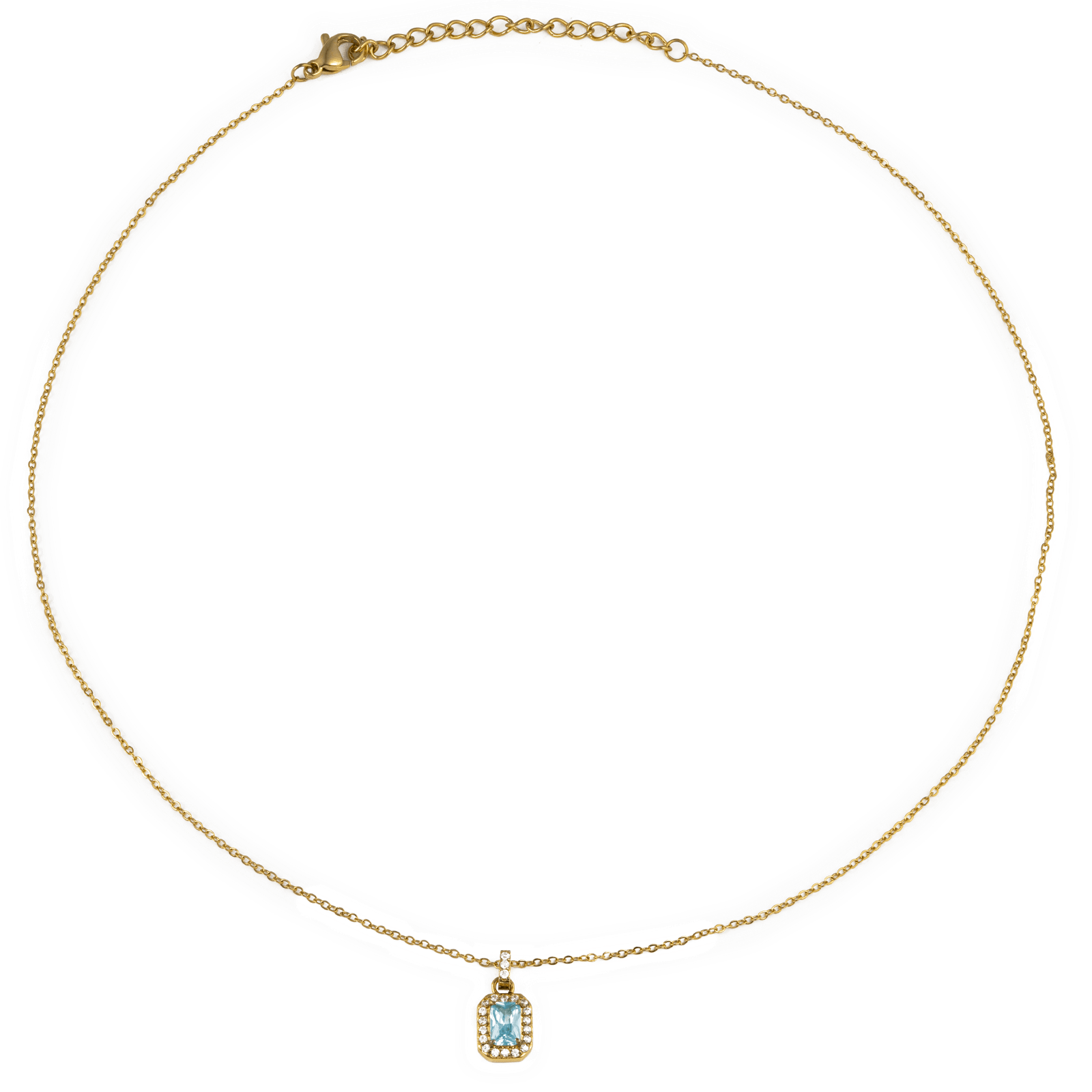 Collier Callas Acier doré pendentif pierre aigue-marine 21 Zirconia Cubique 40 plus 5 centimètres
