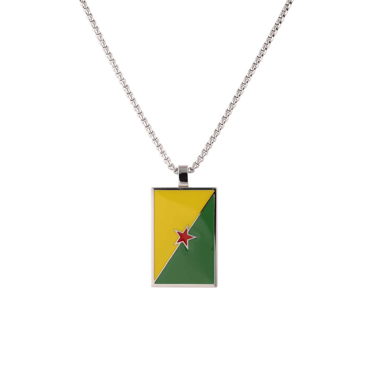 Collier Acier Drapeau Guyane 21*37mm Avec Bélière Email Multicolore Chaîne 2mm 50 à 55cm