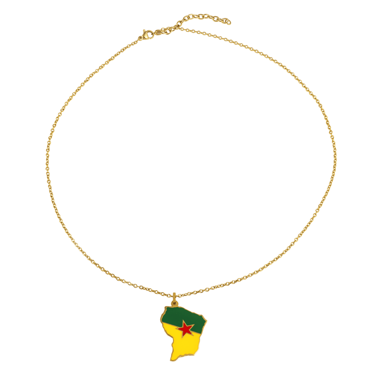 Collier AcierJaune Carte Guyane 25*37mm Avec Bélière Email Multicolore Chaîne2mm 50 à 55cm